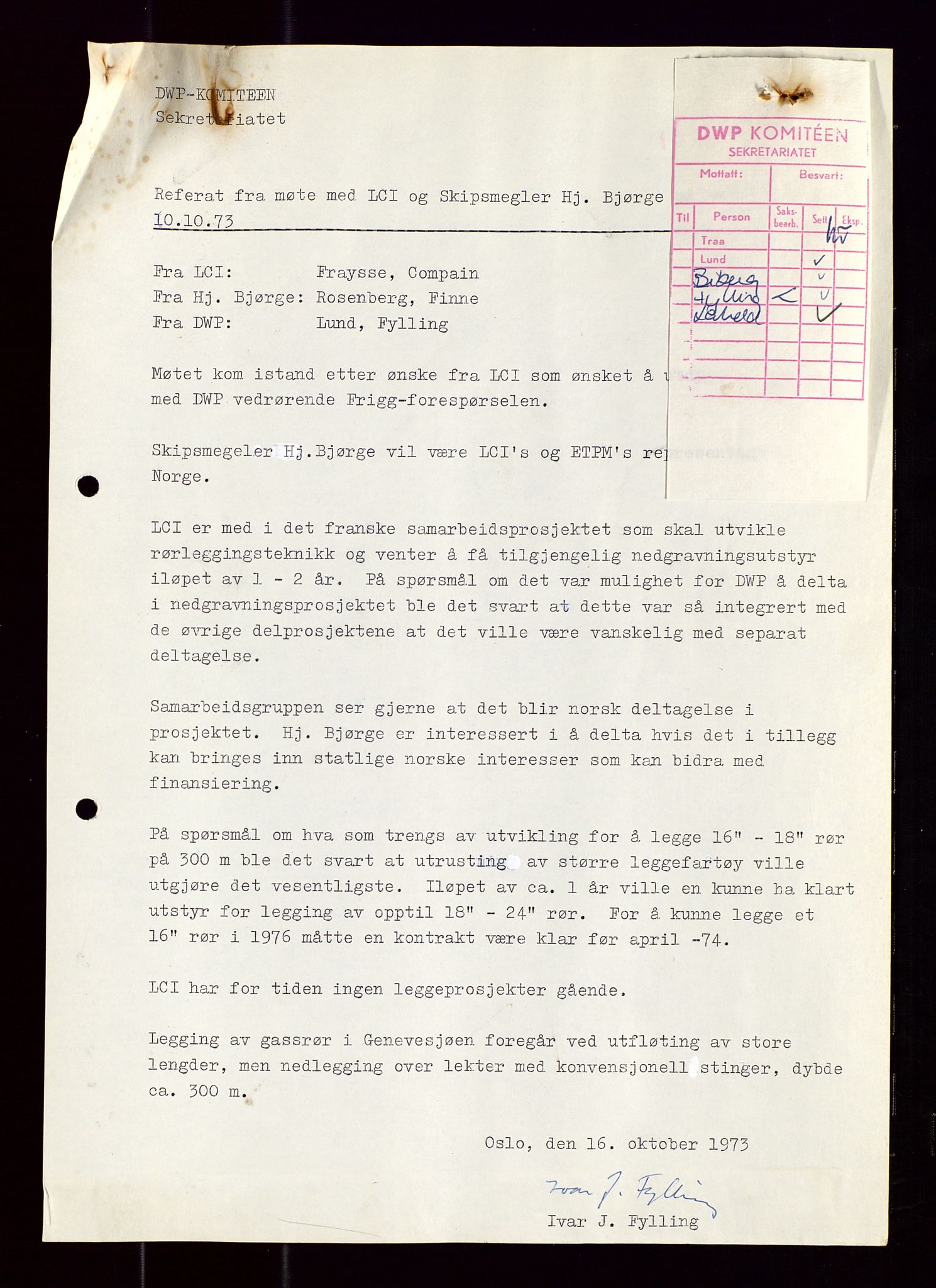 Industridepartementet, Oljekontoret, AV/SAST-A-101348/Di/L0001: DWP, møter juni - november, komiteemøter nr. 19 - 26, 1973-1974, s. 339