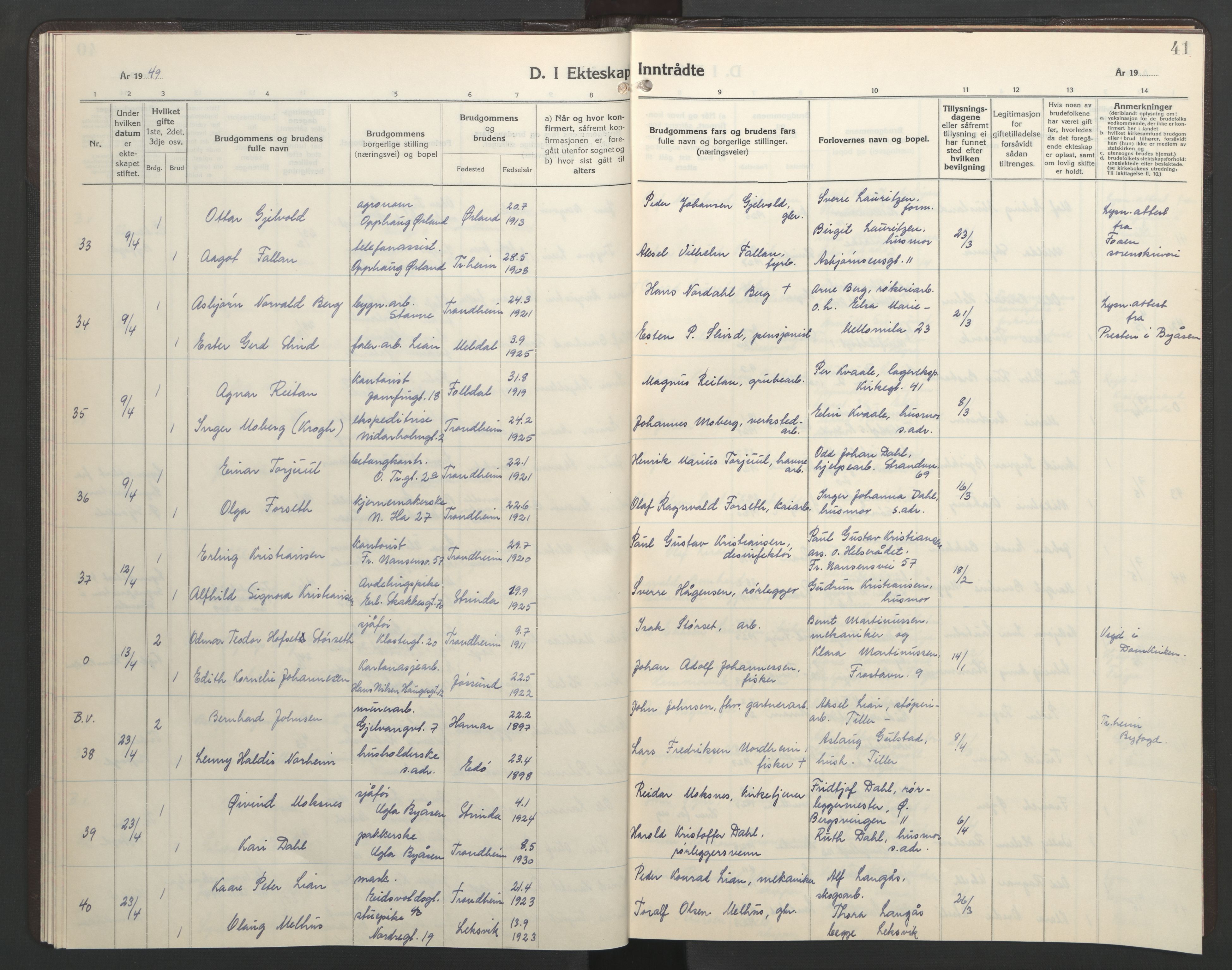 Ministerialprotokoller, klokkerbøker og fødselsregistre - Sør-Trøndelag, AV/SAT-A-1456/602/L0155: Klokkerbok nr. 602C23, 1947-1950, s. 41