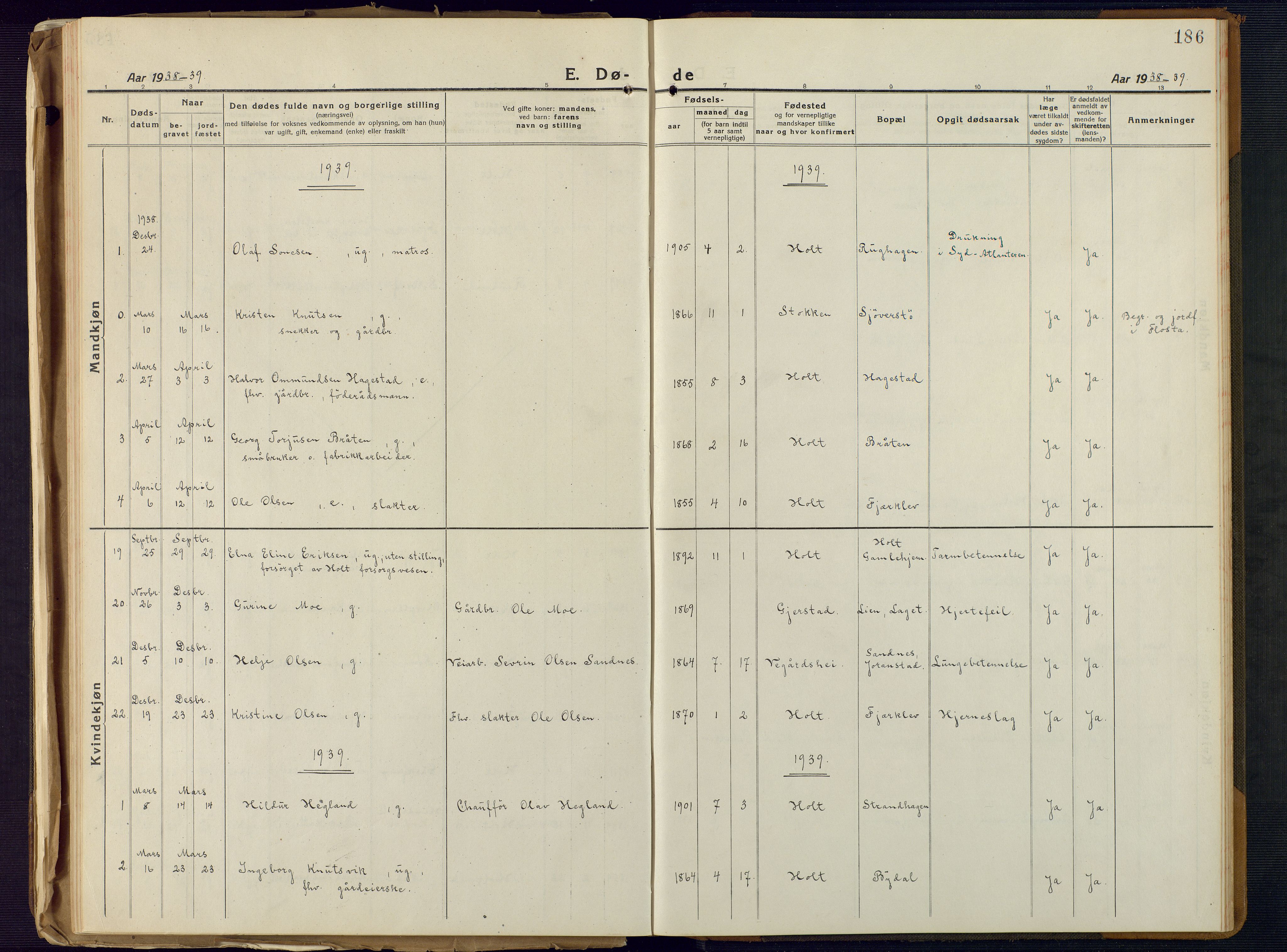 Holt sokneprestkontor, AV/SAK-1111-0021/F/Fb/L0012: Klokkerbok nr. B 12, 1919-1944, s. 186