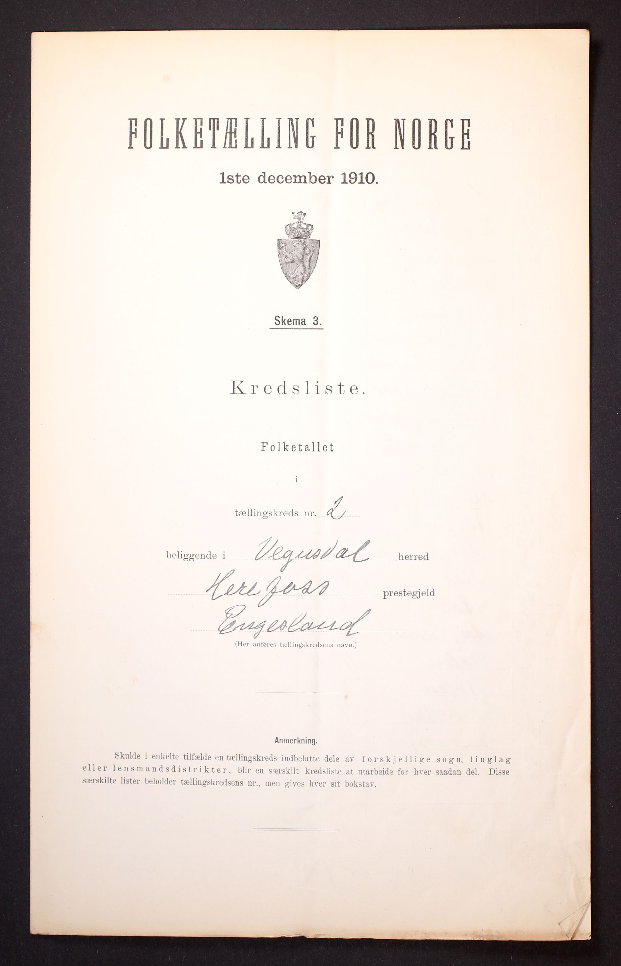 RA, Folketelling 1910 for 0934 Vegusdal herred, 1910, s. 7