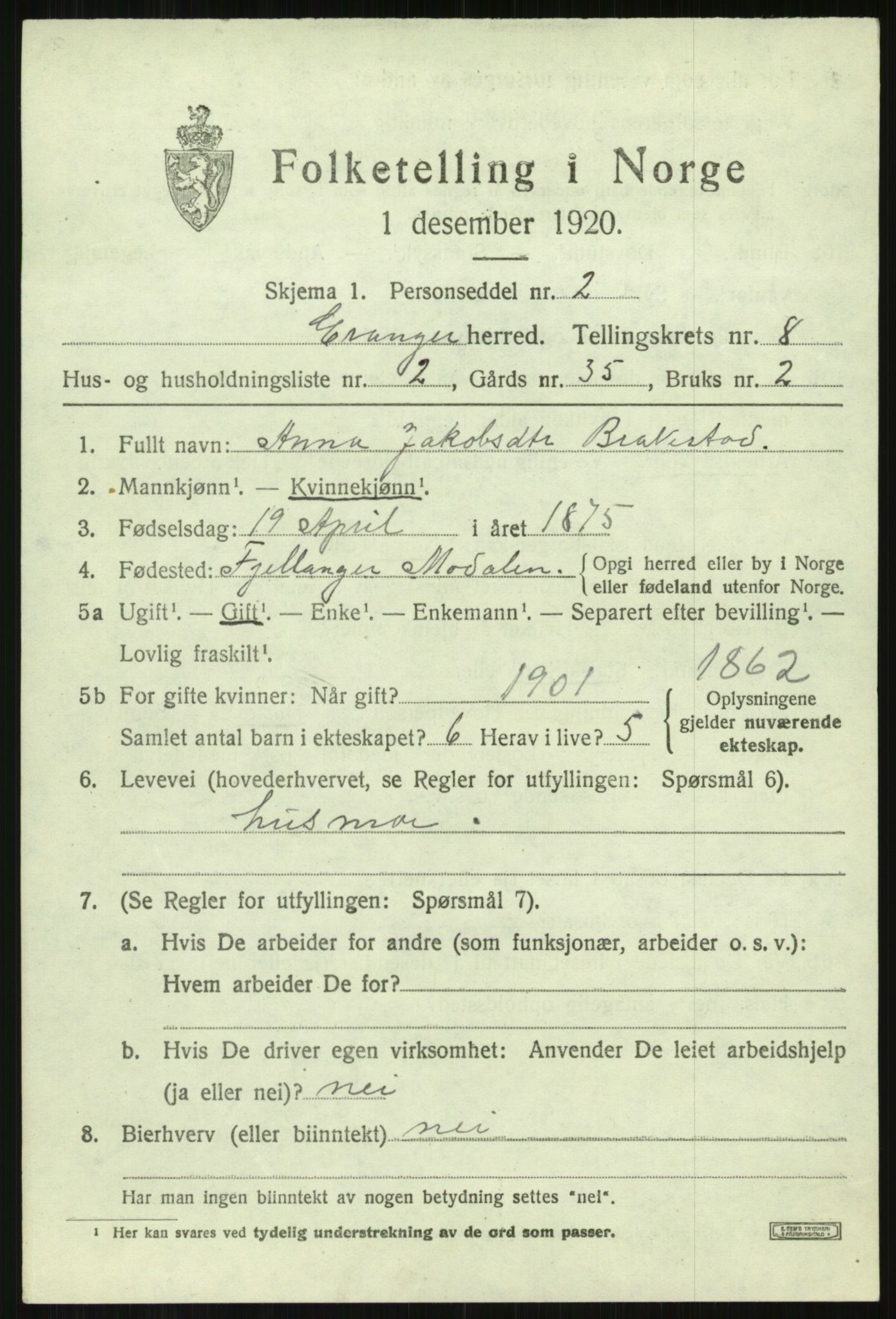 SAB, Folketelling 1920 for 1237 Evanger herred, 1920, s. 2499