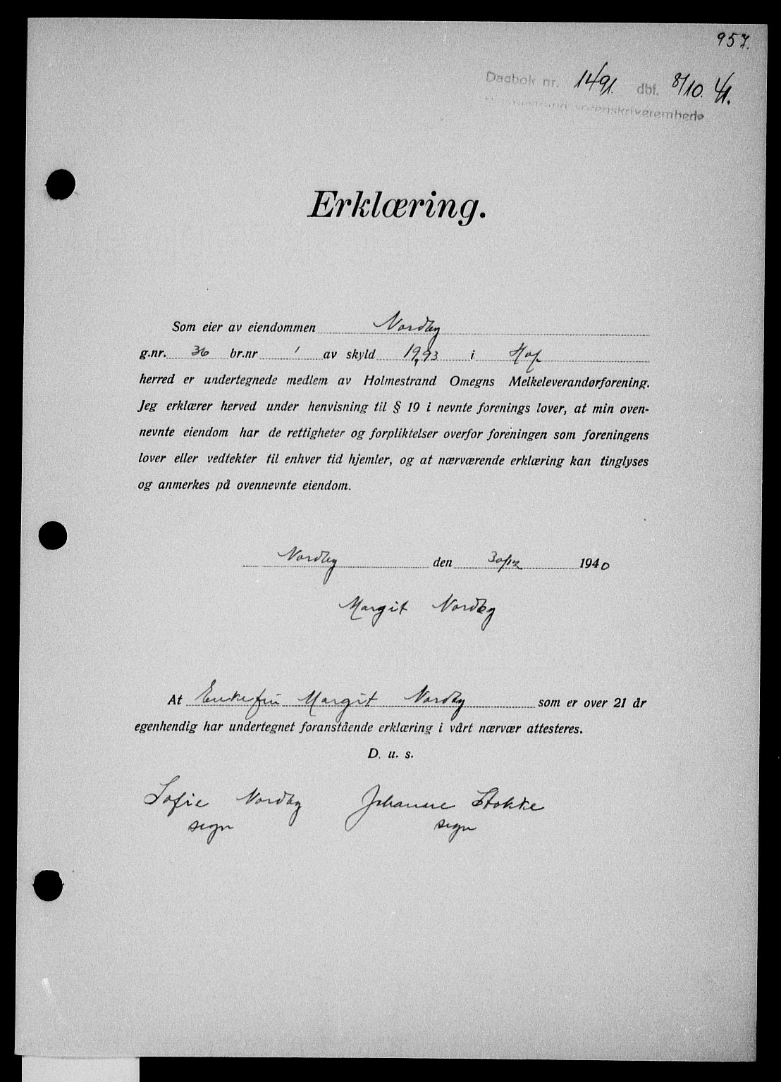 Holmestrand sorenskriveri, SAKO/A-67/G/Ga/Gaa/L0053: Pantebok nr. A-53, 1941-1941, Dagboknr: 1491/1941