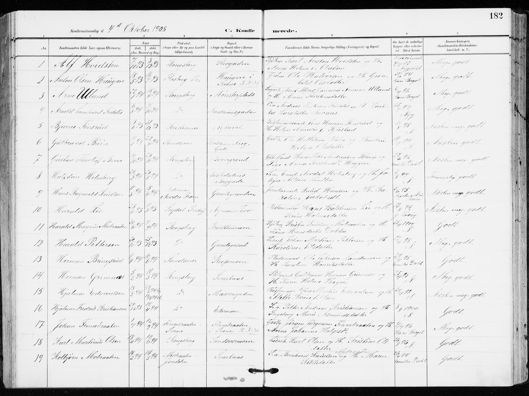Kongsberg kirkebøker, AV/SAKO-A-22/F/Fb/L0004: Ministerialbok nr. II 4, 1906-1918, s. 182