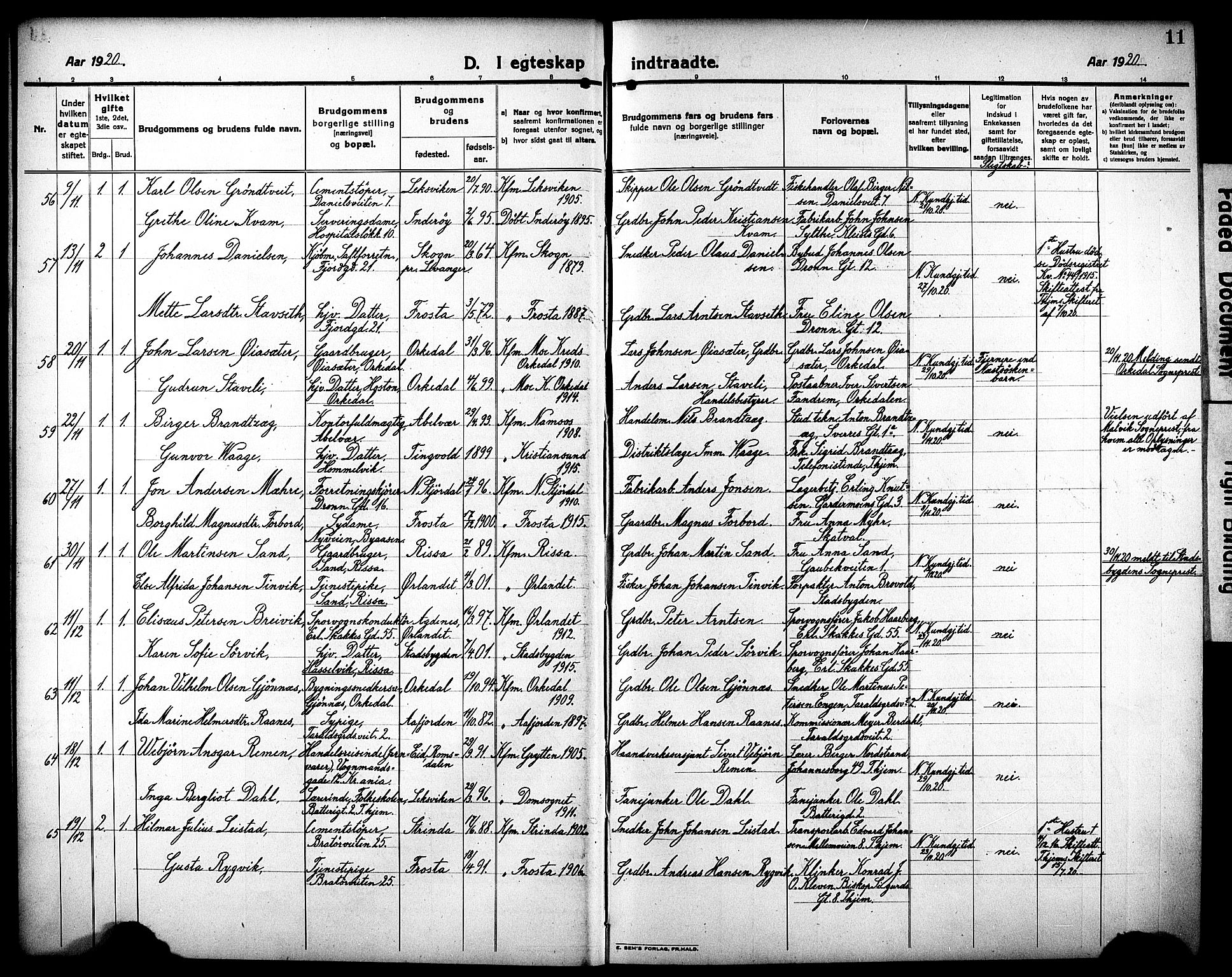 Ministerialprotokoller, klokkerbøker og fødselsregistre - Sør-Trøndelag, AV/SAT-A-1456/602/L0149: Klokkerbok nr. 602C17, 1919-1932, s. 11