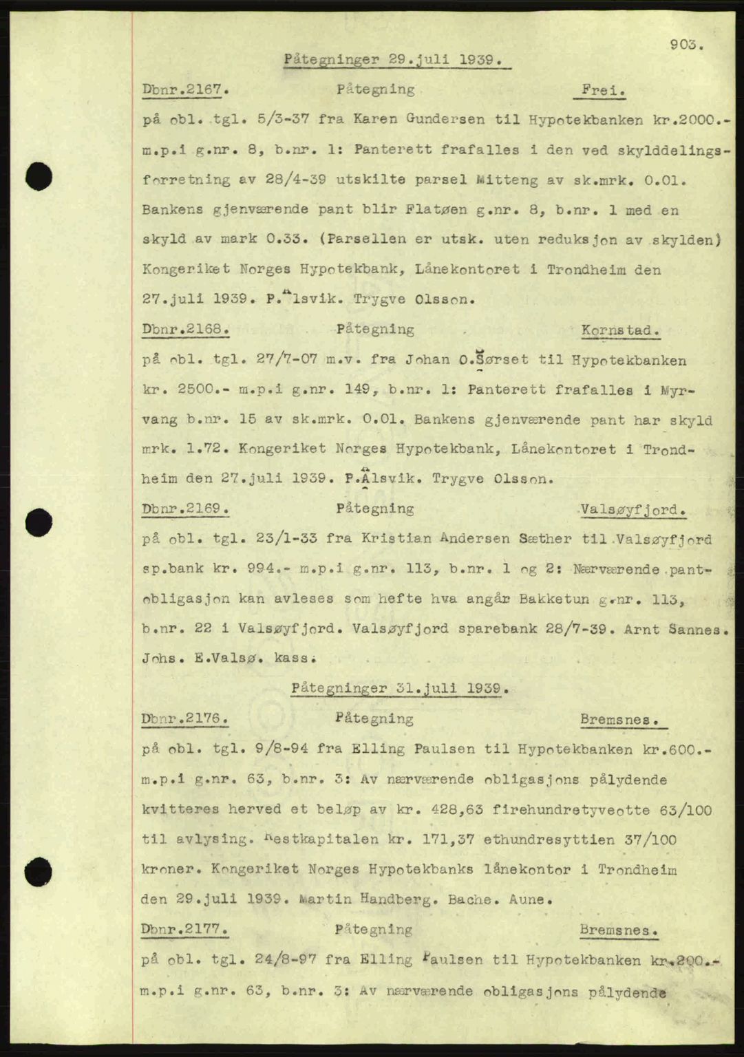 Nordmøre sorenskriveri, SAT/A-4132/1/2/2Ca: Pantebok nr. C80, 1936-1939, Dagboknr: 2167/1939