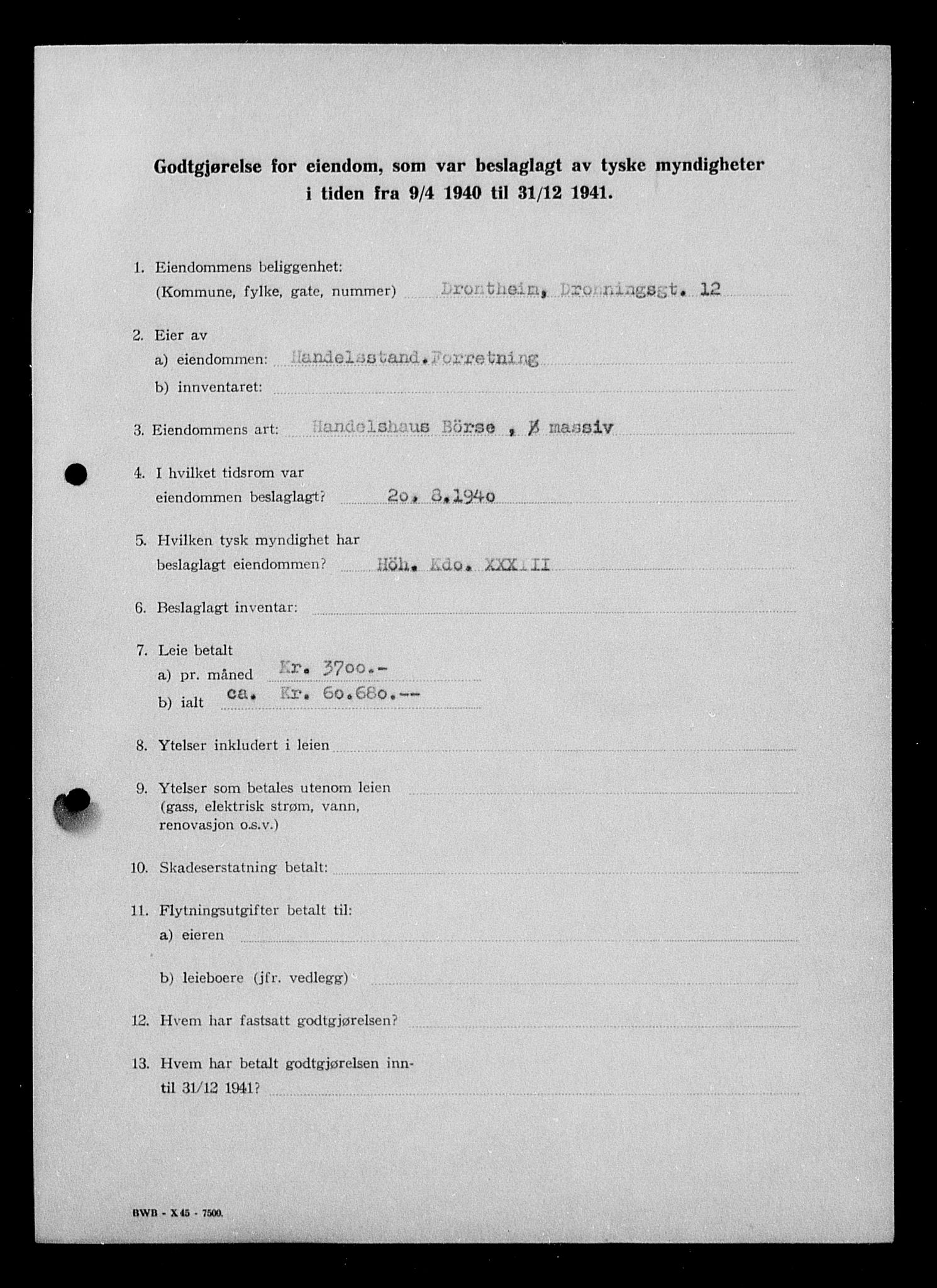 Justisdepartementet, Tilbakeføringskontoret for inndratte formuer, AV/RA-S-1564/I/L1018: Godtgjørelse for beslaglagt eiendom, 1940-1941, s. 55