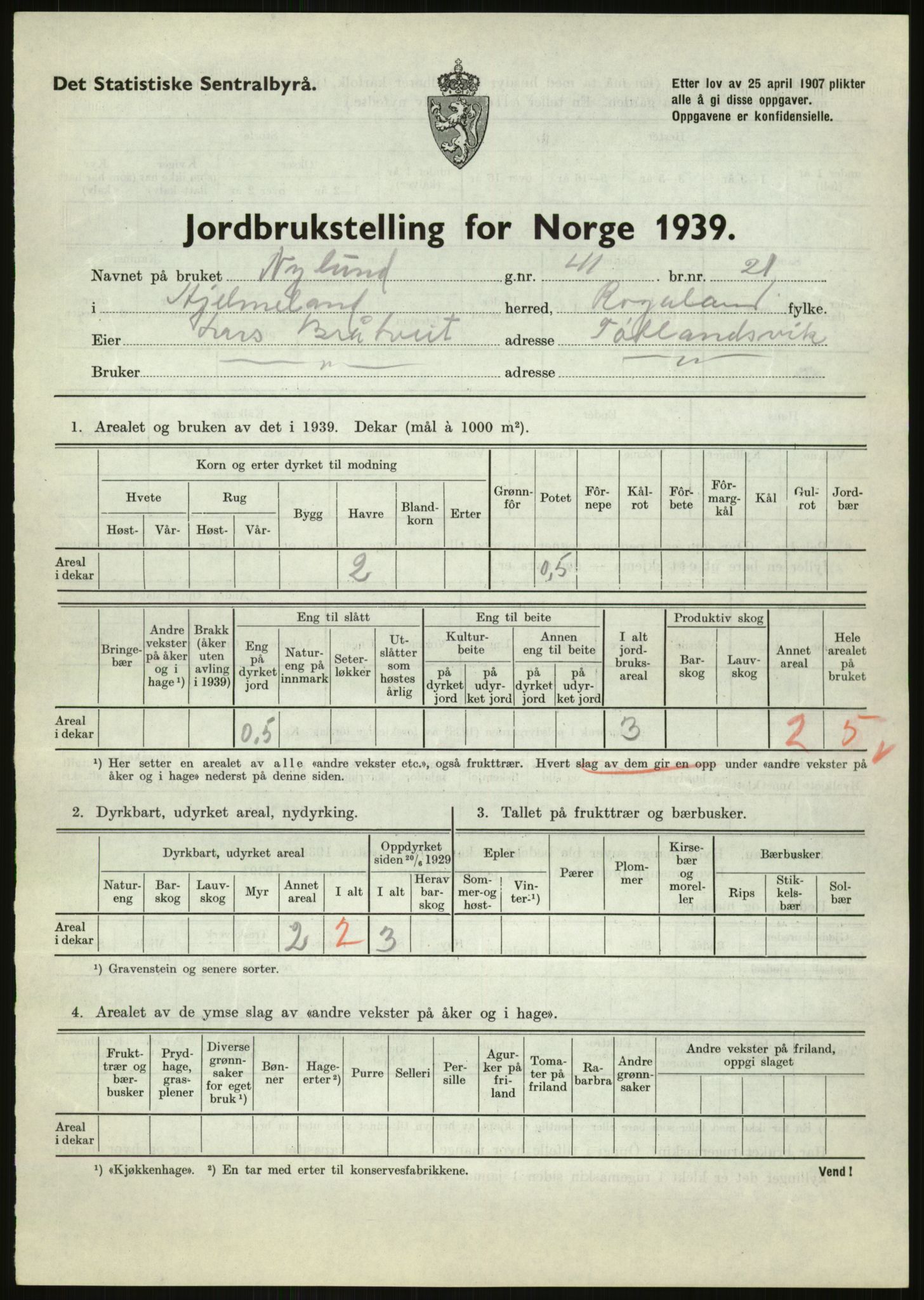 Statistisk sentralbyrå, Næringsøkonomiske emner, Jordbruk, skogbruk, jakt, fiske og fangst, AV/RA-S-2234/G/Gb/L0184: Rogaland: Årdal, Fister og Hjelmeland, 1939, s. 971