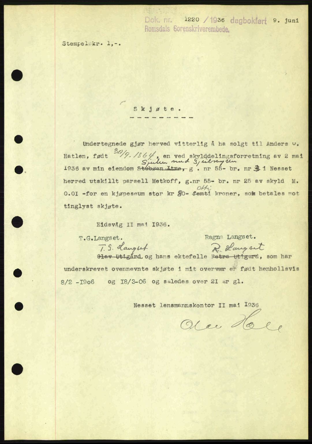 Romsdal sorenskriveri, SAT/A-4149/1/2/2C: Pantebok nr. A1, 1936-1936, Dagboknr: 1220/1936