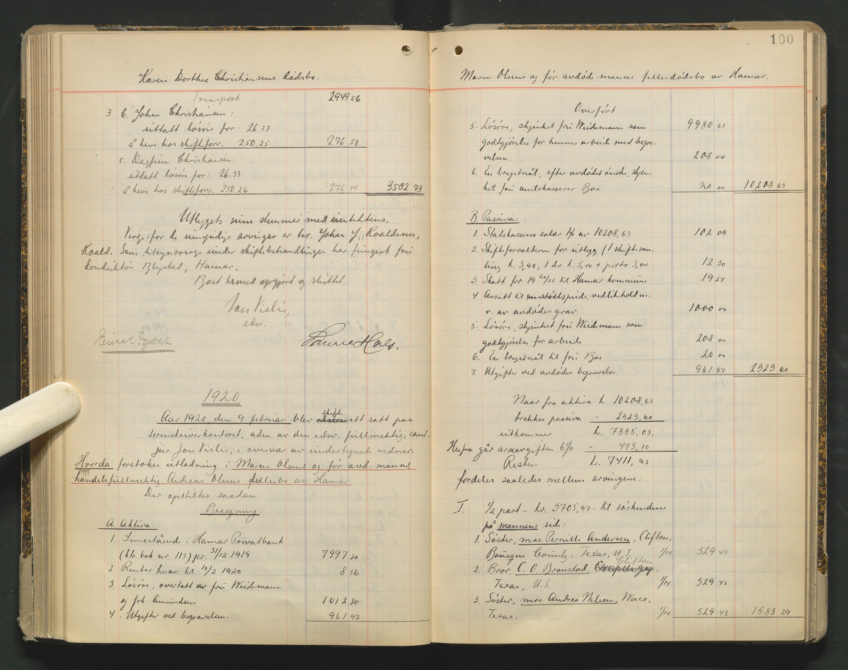 Sør-Hedmark sorenskriveri, AV/SAH-TING-014/J/Ja/Jag/L0002: Skifteutlodningsprotokoll - Hamar by, 1910-1924, s. 100