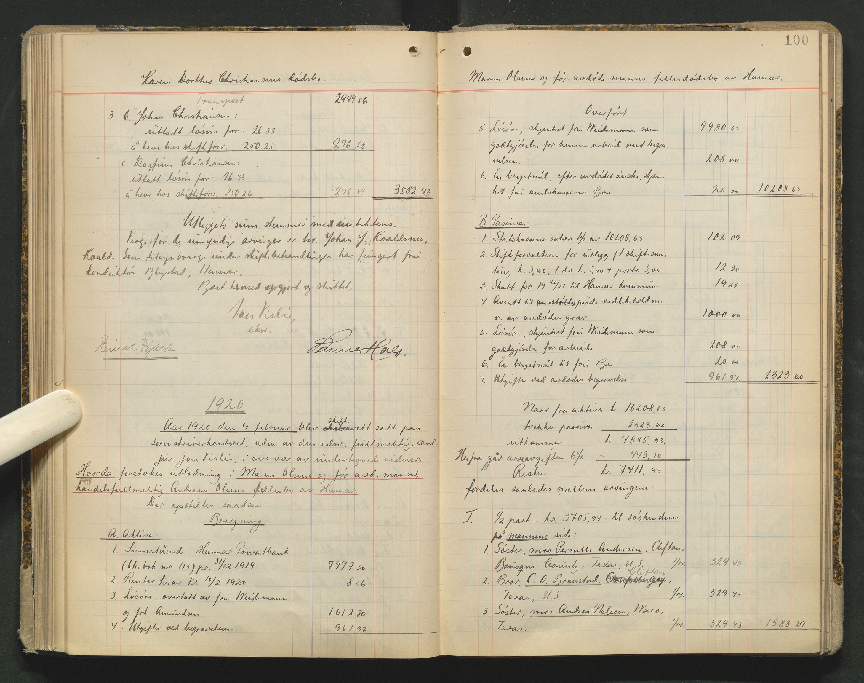 Sør-Hedmark sorenskriveri, SAH/TING-014/J/Ja/Jag/L0002: Skifteutlodningsprotokoll - Hamar by, 1910-1924, s. 100