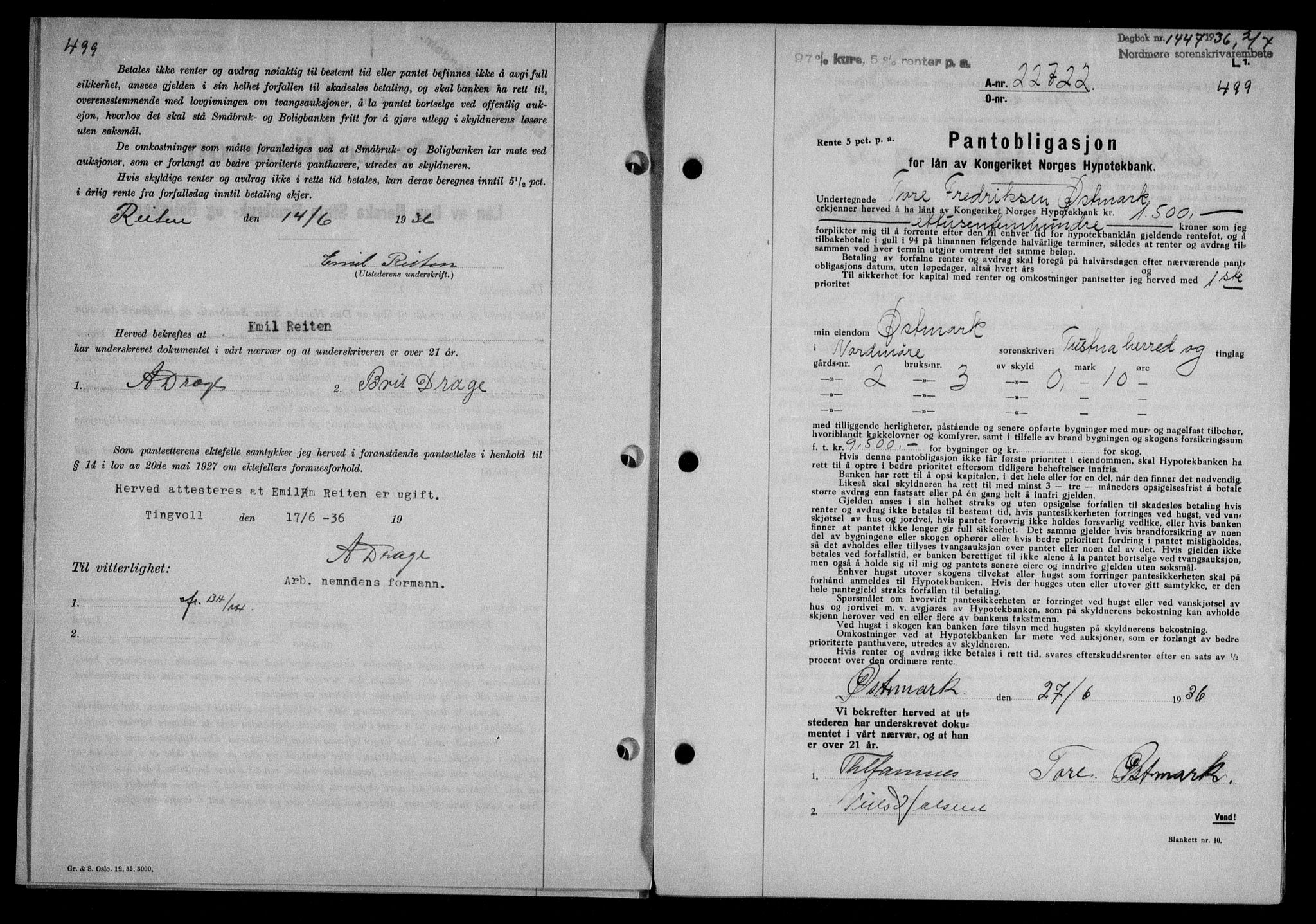 Nordmøre sorenskriveri, AV/SAT-A-4132/1/2/2Ca/L0088: Pantebok nr. 78, 1936-1936, Dagboknr: 1447/1936