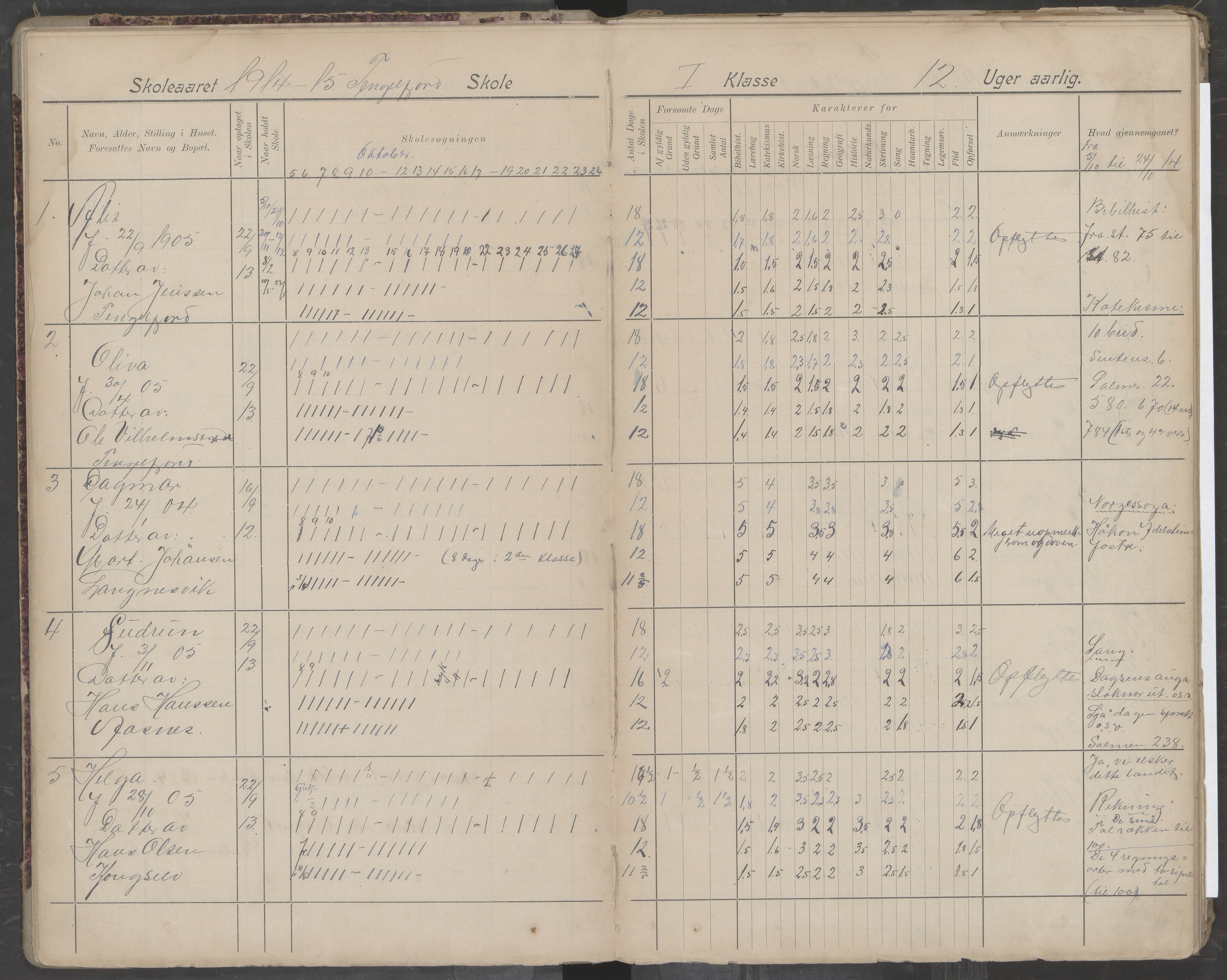 Hadsel kommune. Tengelfjord skolekrets, AIN/K-18660.510.04/G/L0002: Skoleprotokoll for Tengelfjord skole, 1913-1920