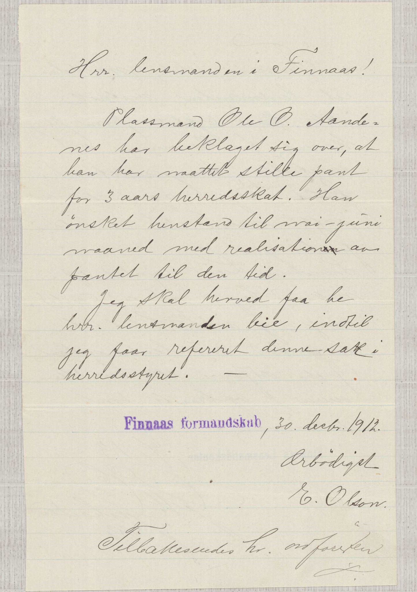 Finnaas kommune. Formannskapet, IKAH/1218a-021/D/Da/L0001/0011: Korrespondanse / saker / Kronologisk ordna korrespondanse , 1908-1912, s. 56