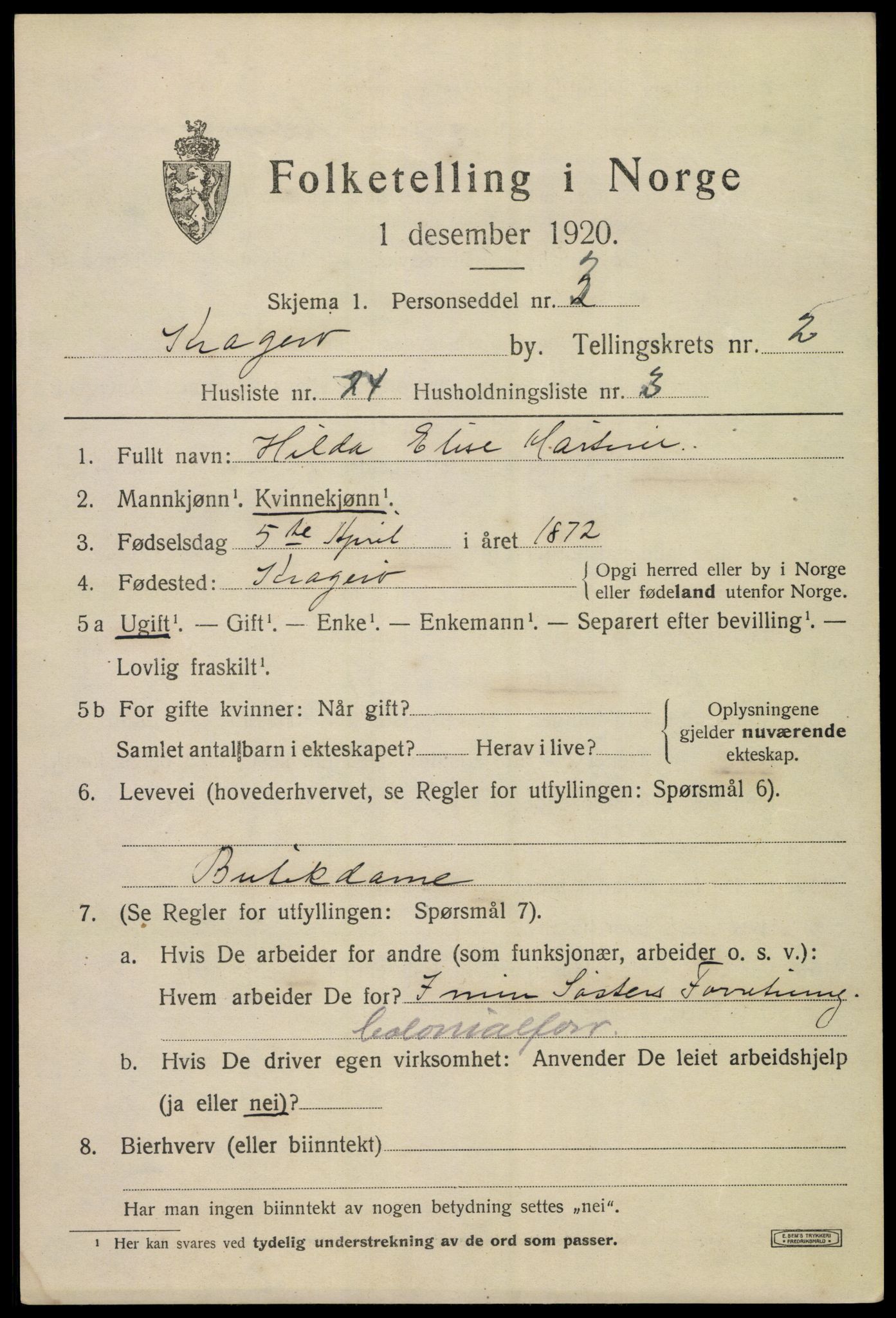 SAKO, Folketelling 1920 for 0801 Kragerø kjøpstad, 1920, s. 5639