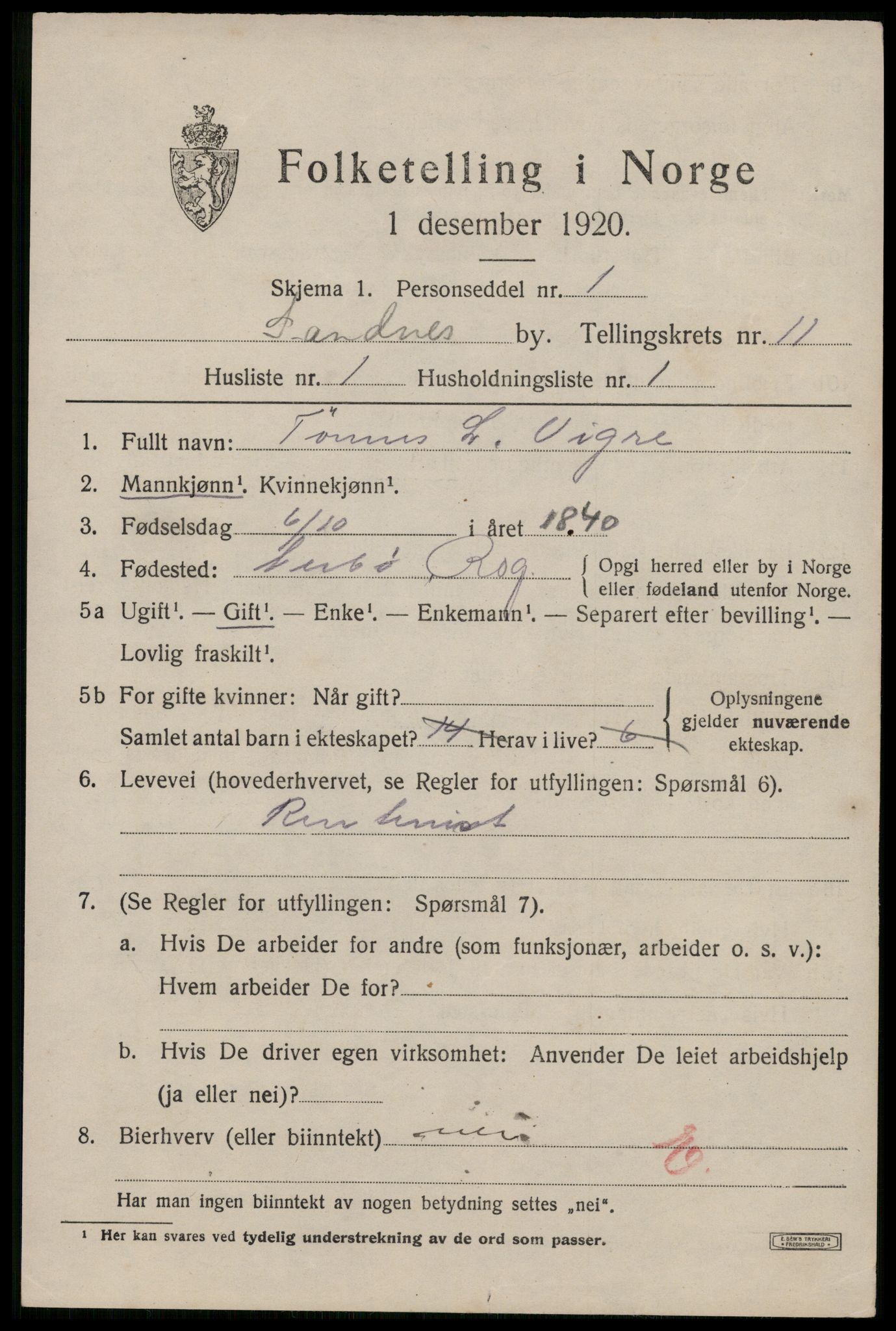 SAST, Folketelling 1920 for 1102 Sandnes ladested, 1920, s. 7226