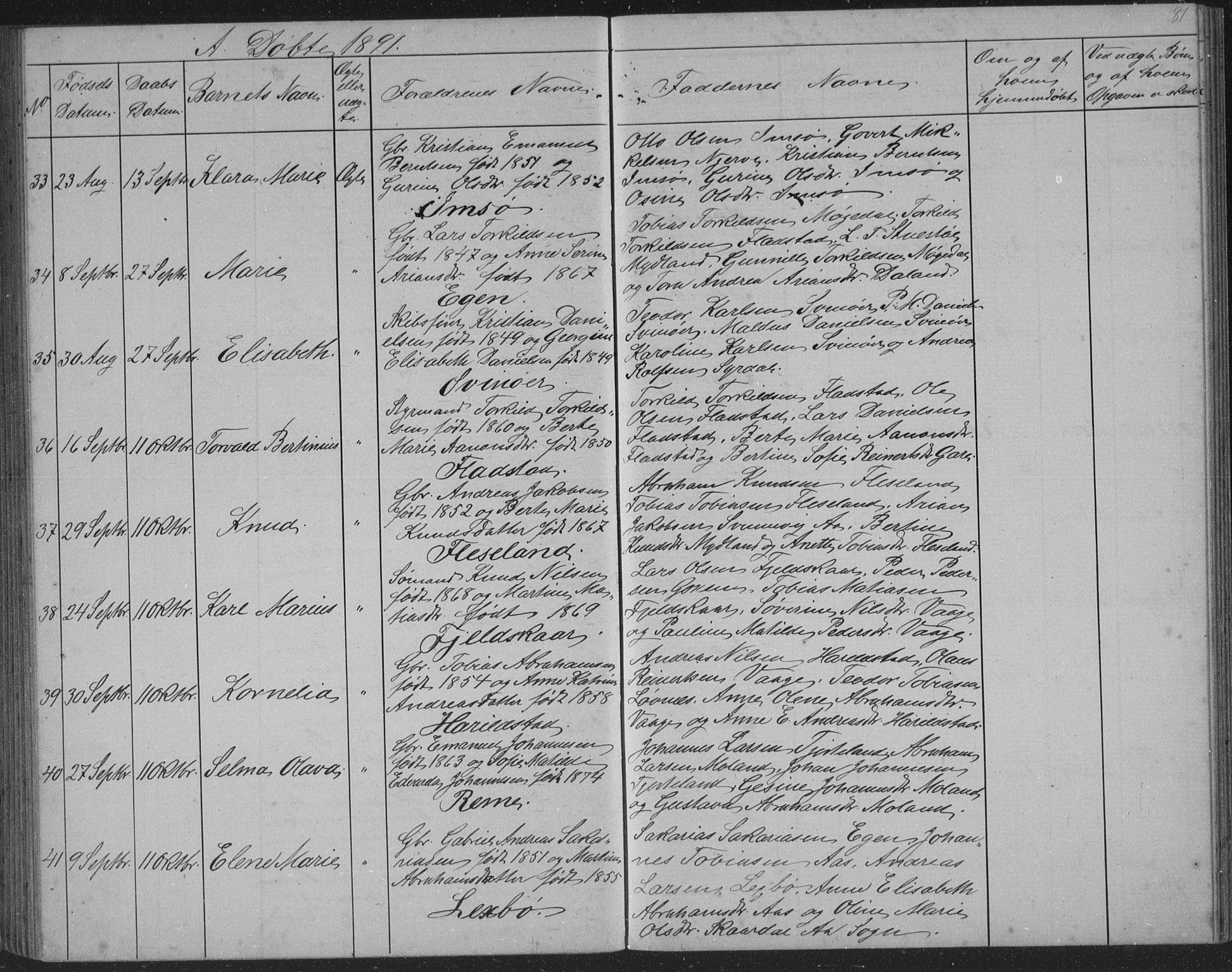 Sør-Audnedal sokneprestkontor, AV/SAK-1111-0039/F/Fb/Fba/L0003: Klokkerbok nr. B 3, 1879-1893, s. 81