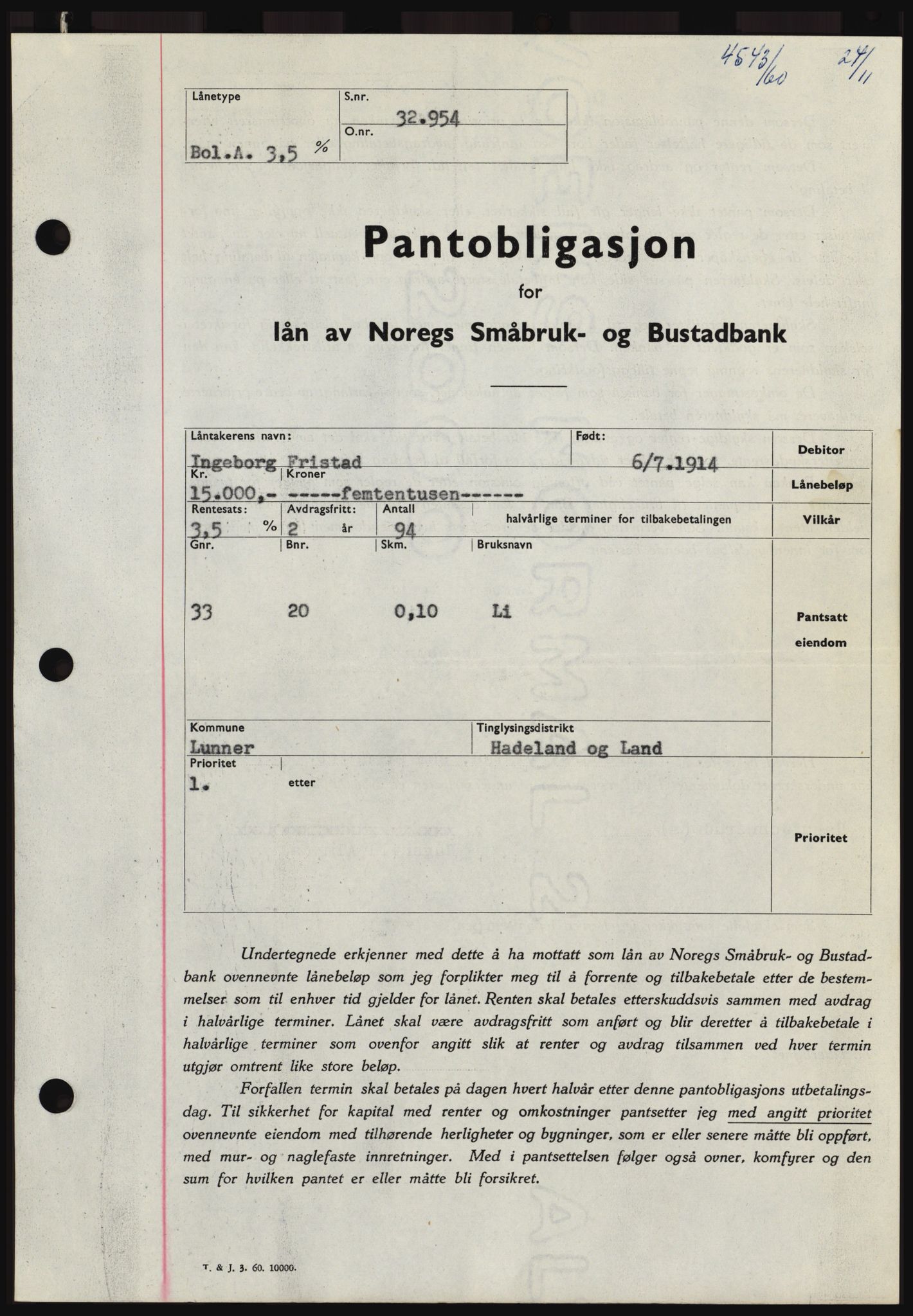 Hadeland og Land tingrett, SAH/TING-010/H/Hb/Hbc/L0044: Pantebok nr. B44, 1960-1961, Dagboknr: 4543/1960
