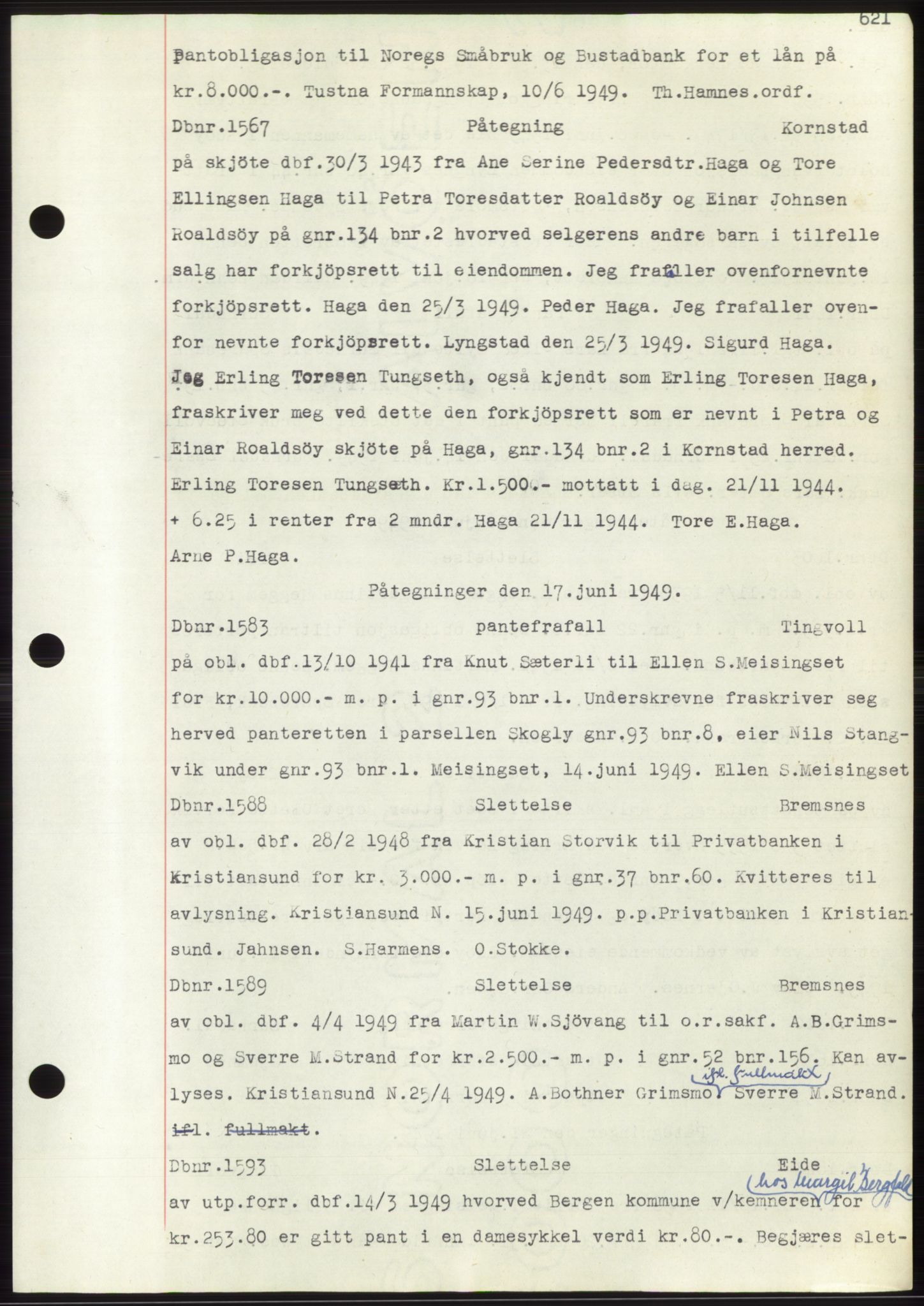 Nordmøre sorenskriveri, SAT/A-4132/1/2/2Ca: Pantebok nr. C82b, 1946-1951, Dagboknr: 1567/1949