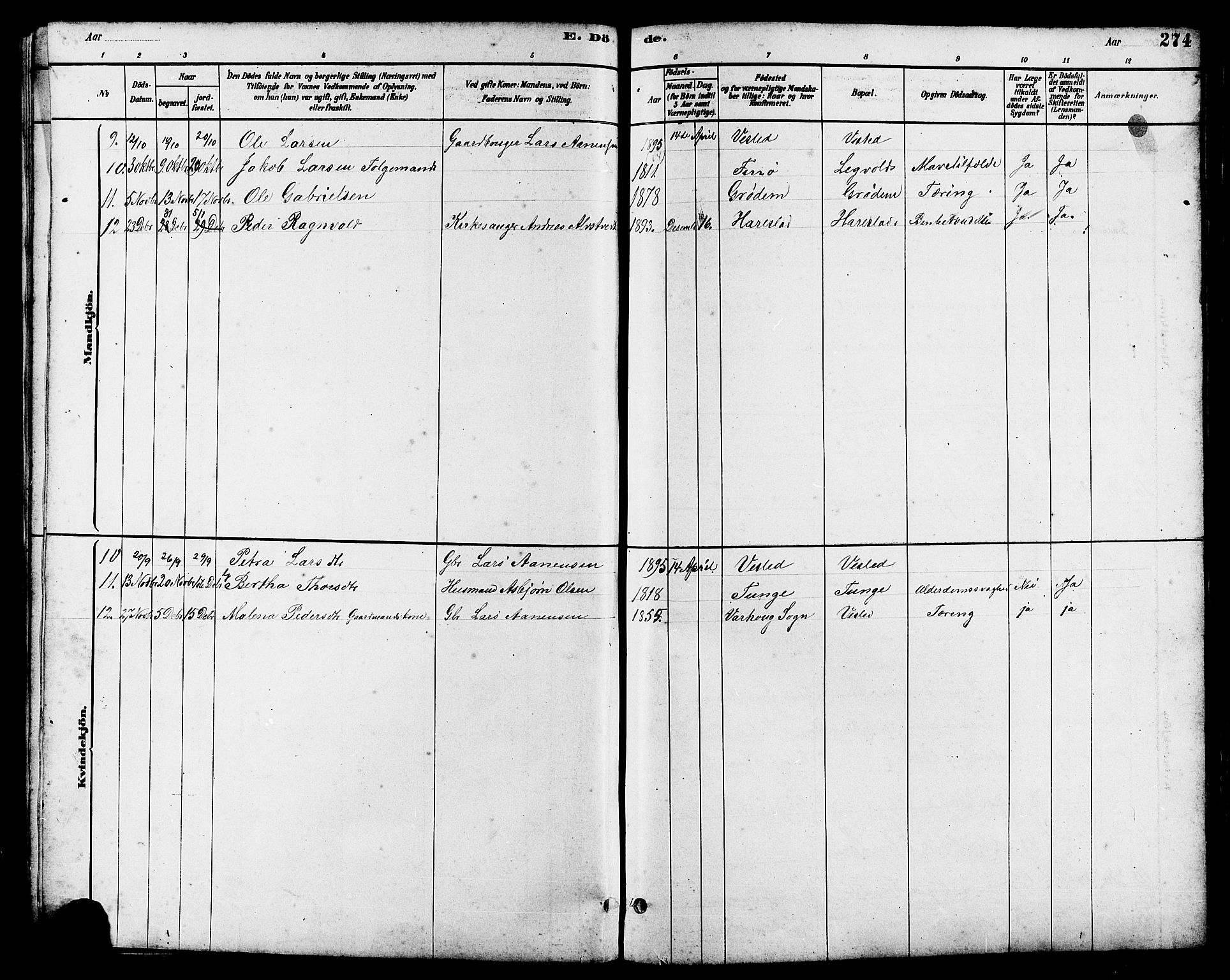 Hetland sokneprestkontor, AV/SAST-A-101826/30/30BB/L0006: Klokkerbok nr. B 6, 1878-1921, s. 274