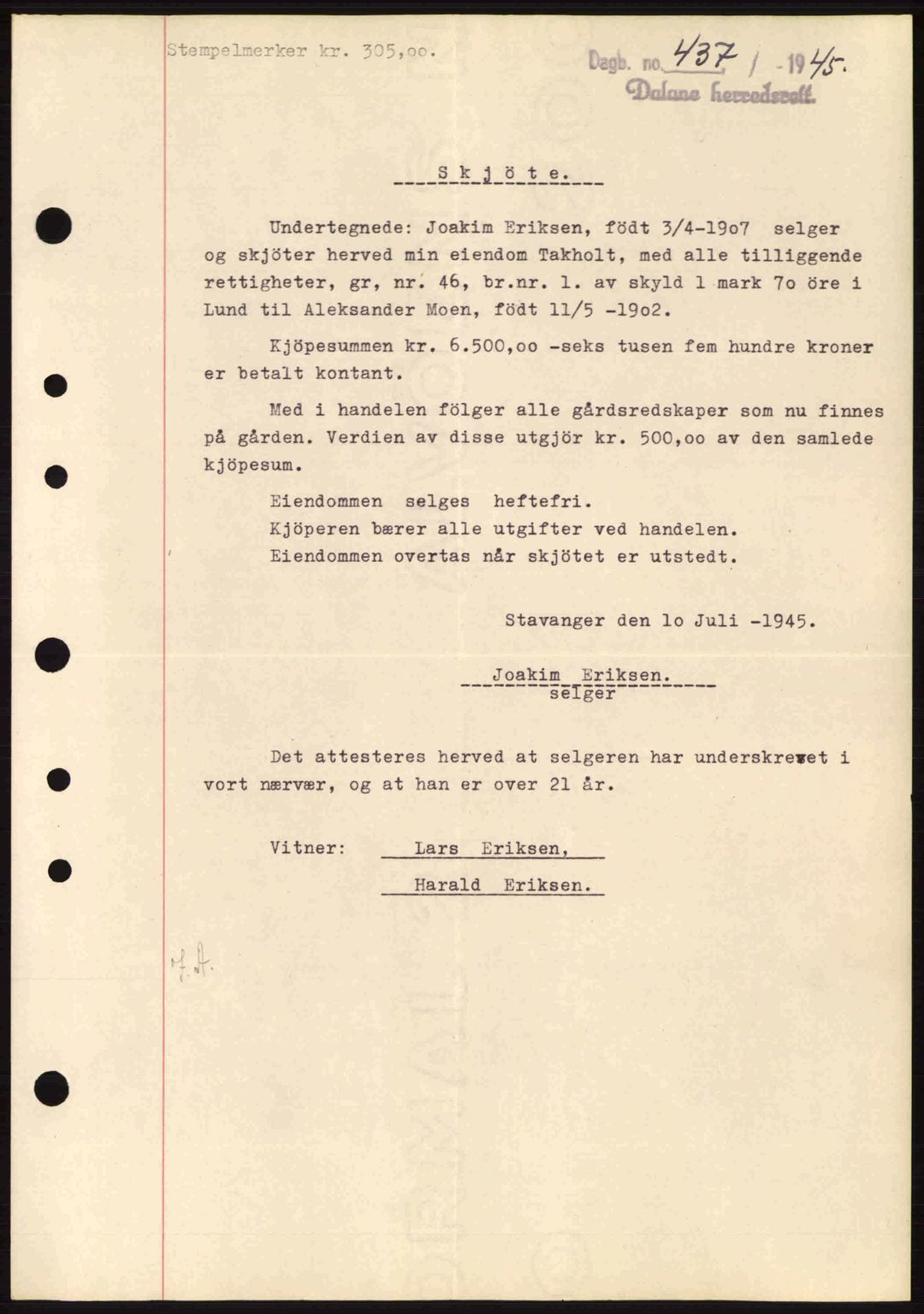 Dalane sorenskriveri, SAST/A-100309/02/G/Gb/L0047: Pantebok nr. A8 I, 1944-1945, Dagboknr: 437/1945