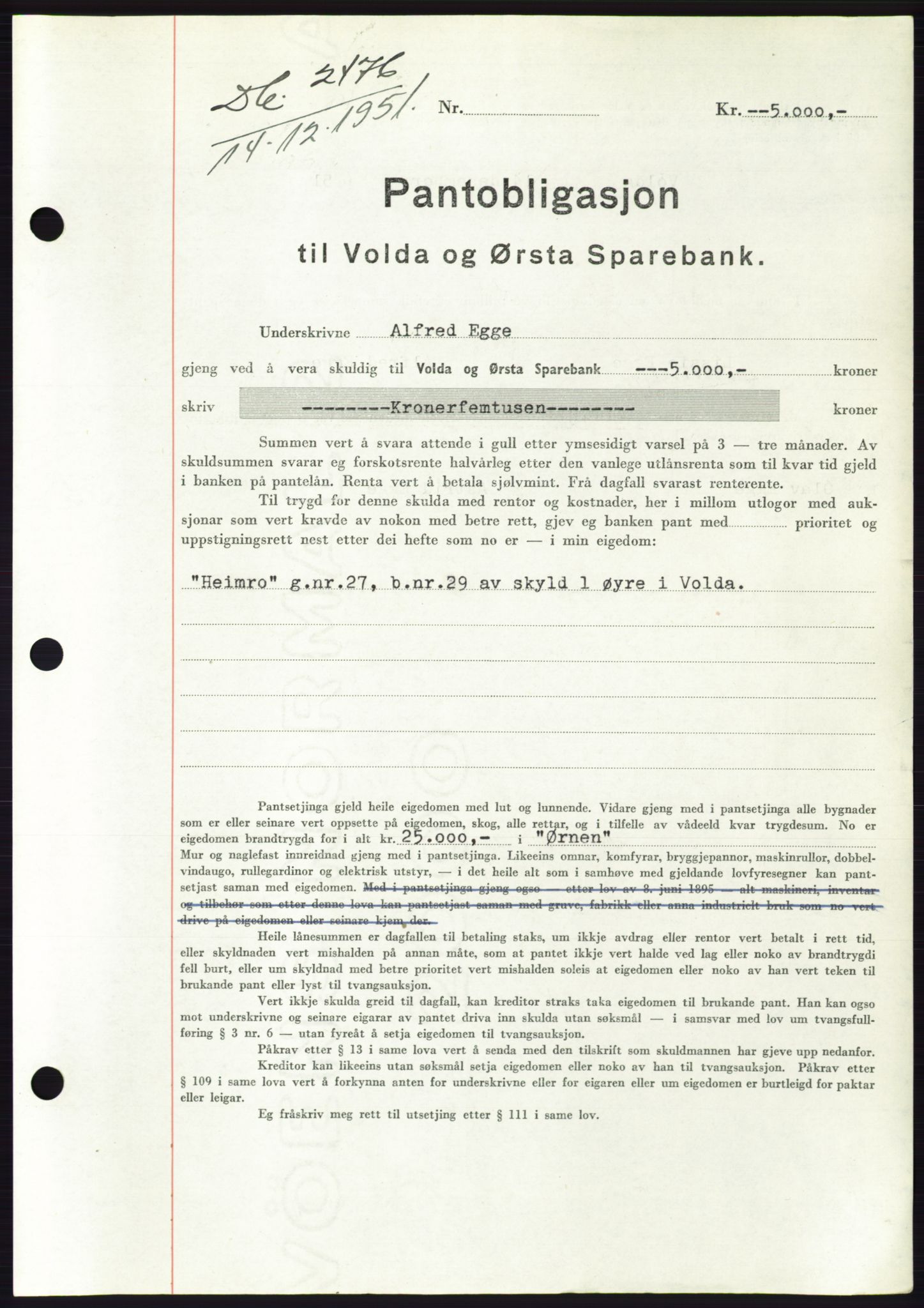 Søre Sunnmøre sorenskriveri, AV/SAT-A-4122/1/2/2C/L0121: Pantebok nr. 9B, 1951-1952, Dagboknr: 2476/1951