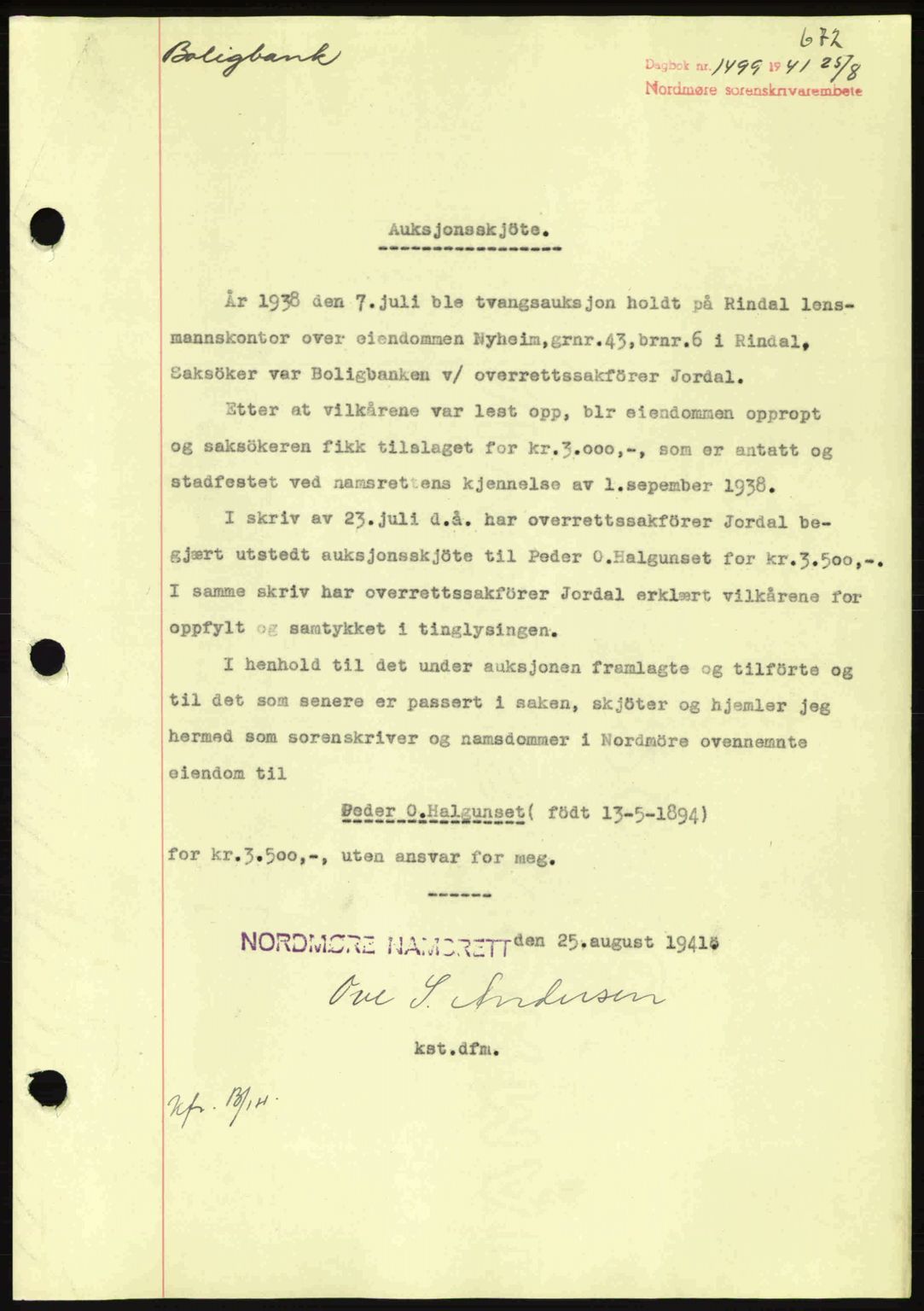 Nordmøre sorenskriveri, SAT/A-4132/1/2/2Ca: Pantebok nr. A90, 1941-1941, Dagboknr: 1499/1941