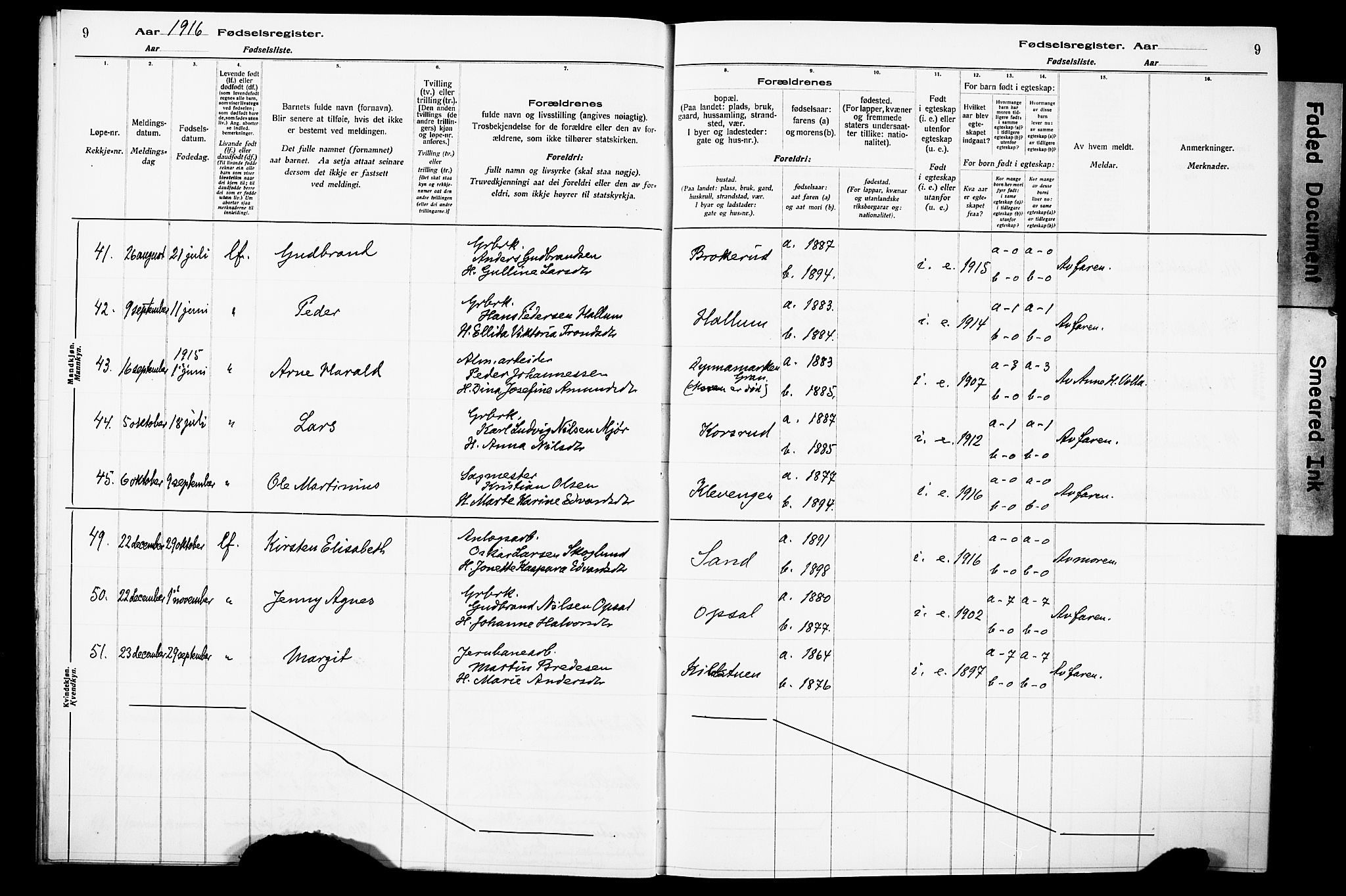 Lunner prestekontor, AV/SAH-PREST-118/I/Id/L0001: Fødselsregister nr. 1, 1916-1932, s. 9