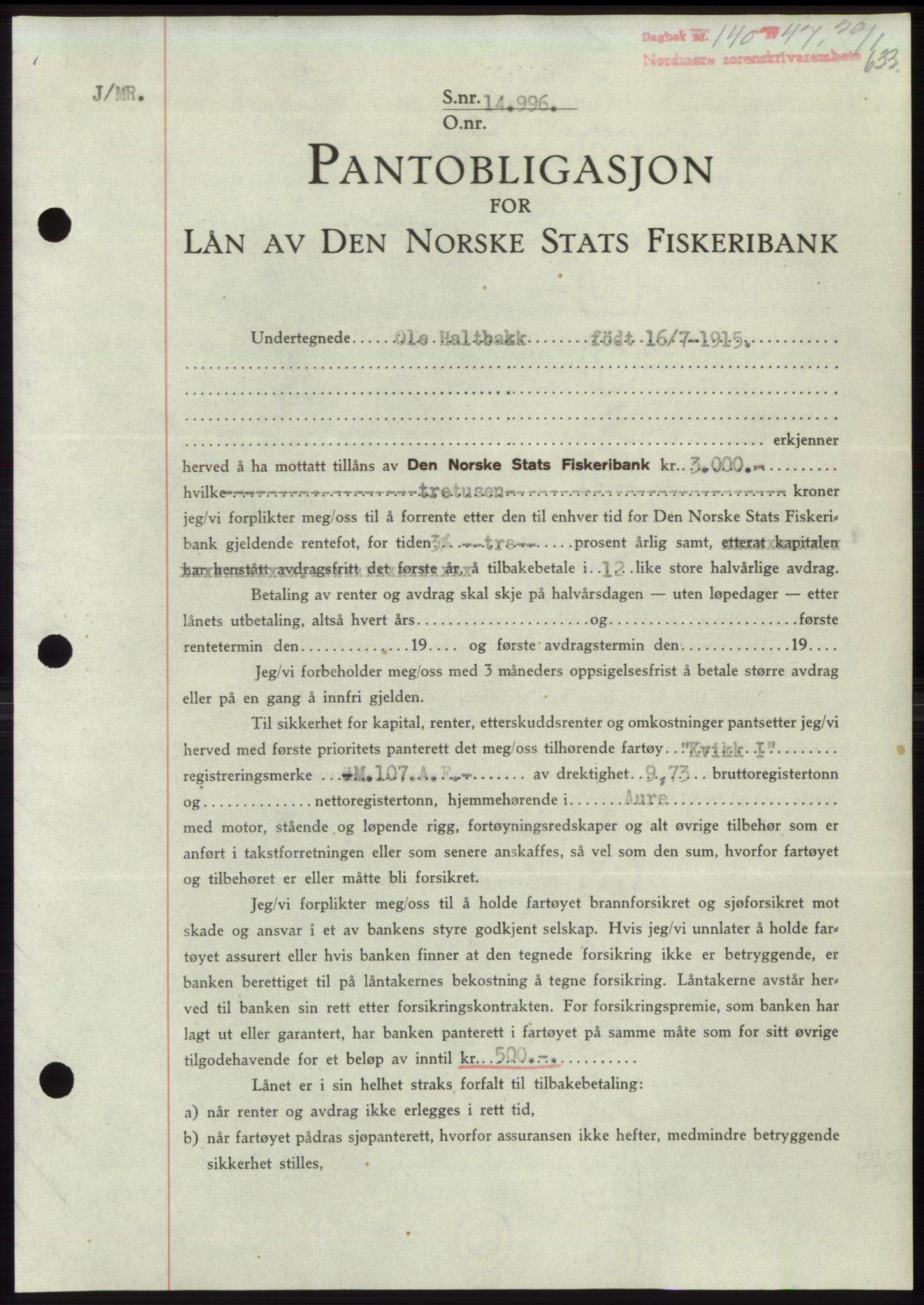 Nordmøre sorenskriveri, SAT/A-4132/1/2/2Ca: Pantebok nr. B95, 1946-1947, Dagboknr: 140/1947