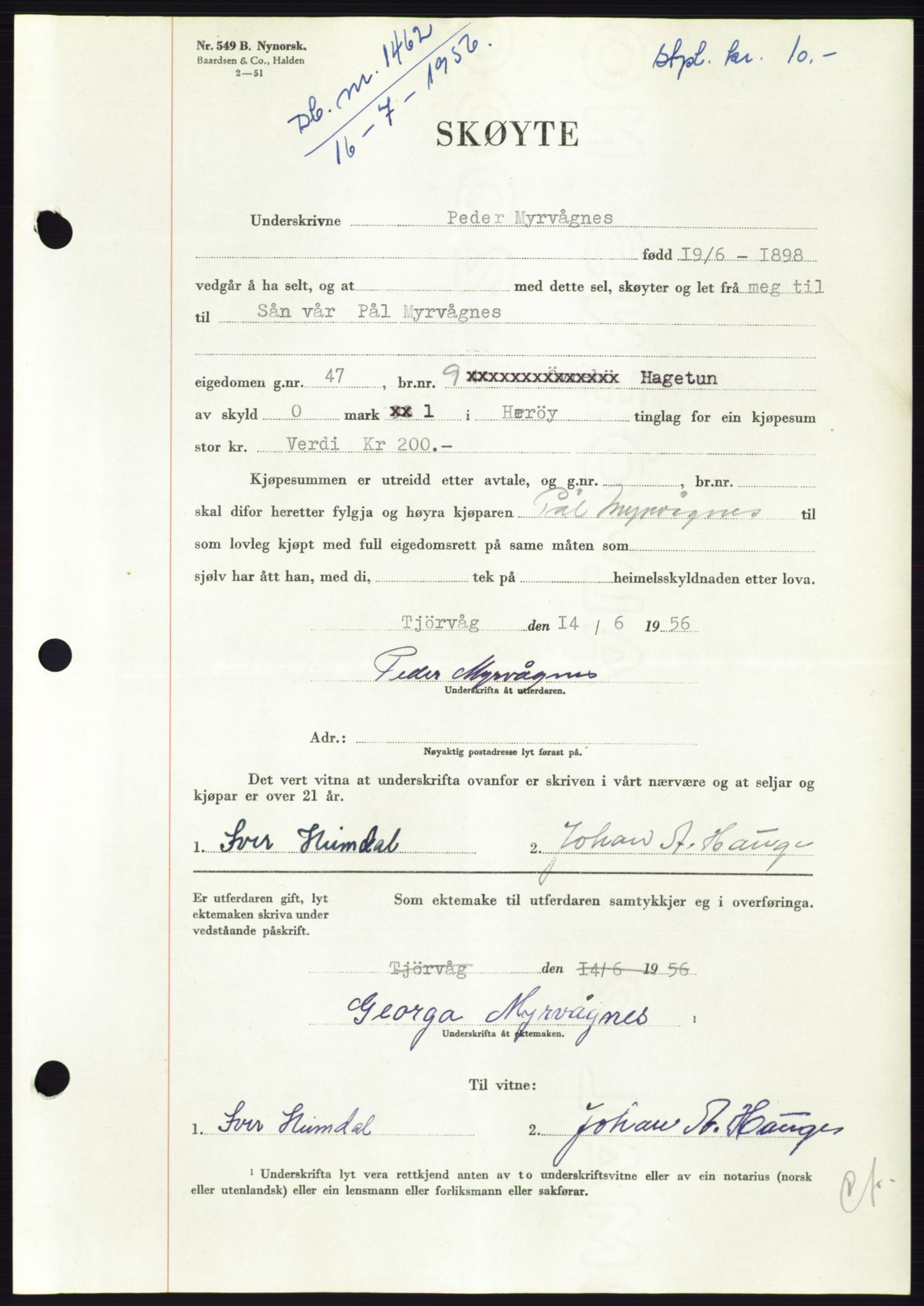 Søre Sunnmøre sorenskriveri, AV/SAT-A-4122/1/2/2C/L0104: Pantebok nr. 30A, 1956-1956, Dagboknr: 1462/1956