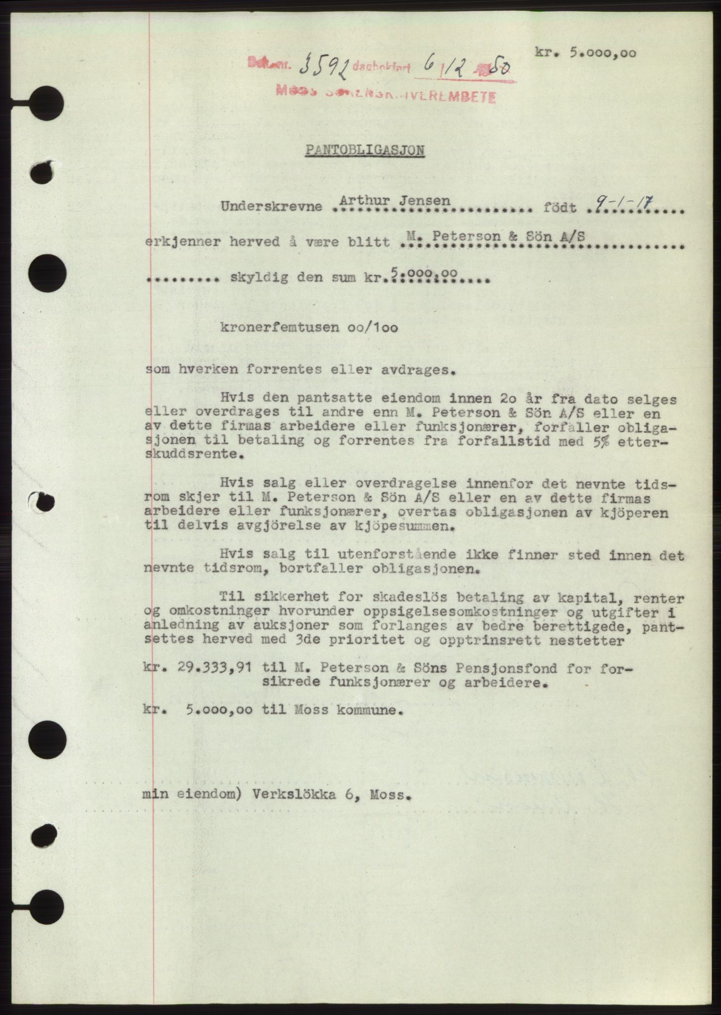 Moss sorenskriveri, SAO/A-10168: Pantebok nr. B25, 1950-1950, Dagboknr: 3592/1950