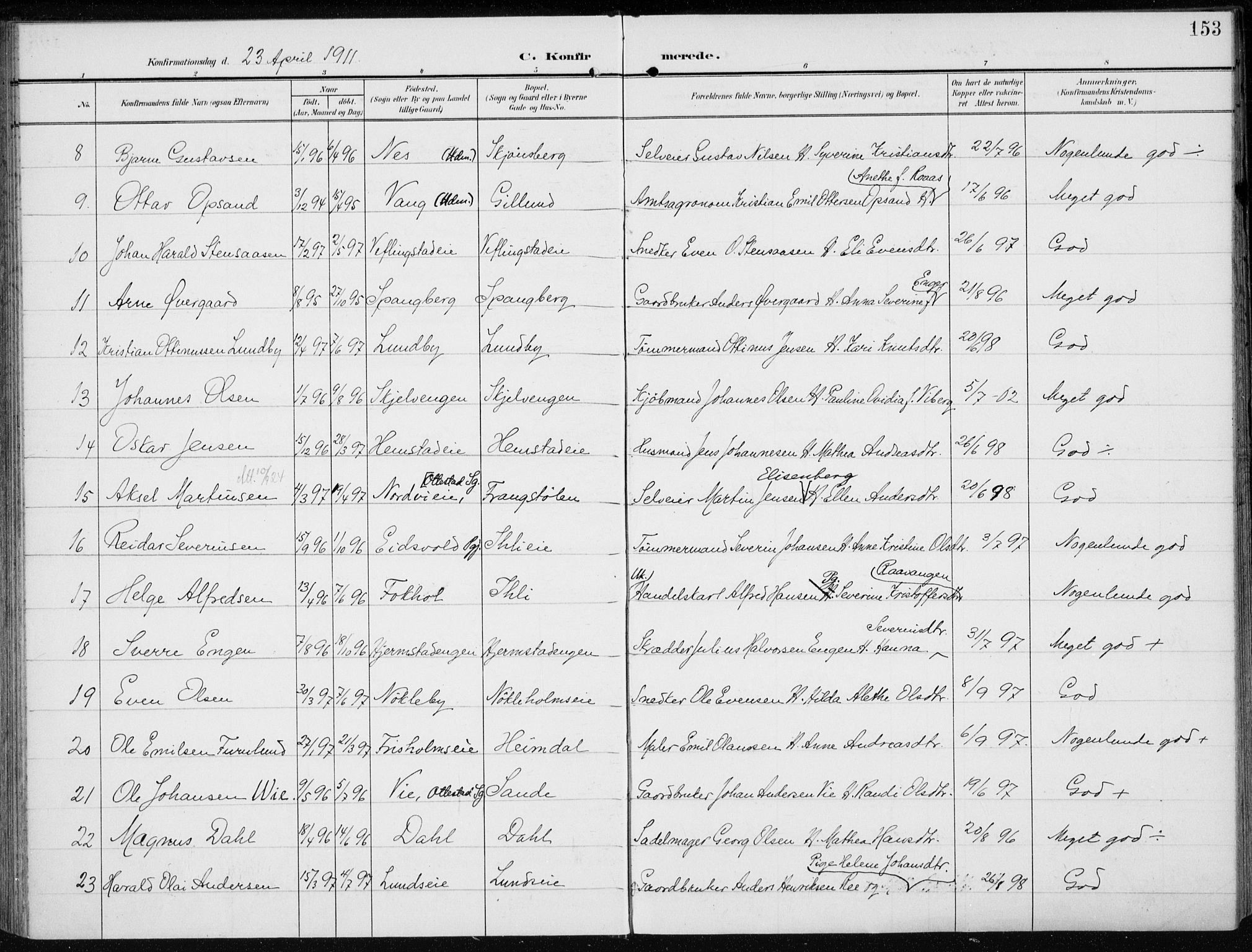 Stange prestekontor, AV/SAH-PREST-002/K/L0024: Ministerialbok nr. 24, 1906-1922, s. 153