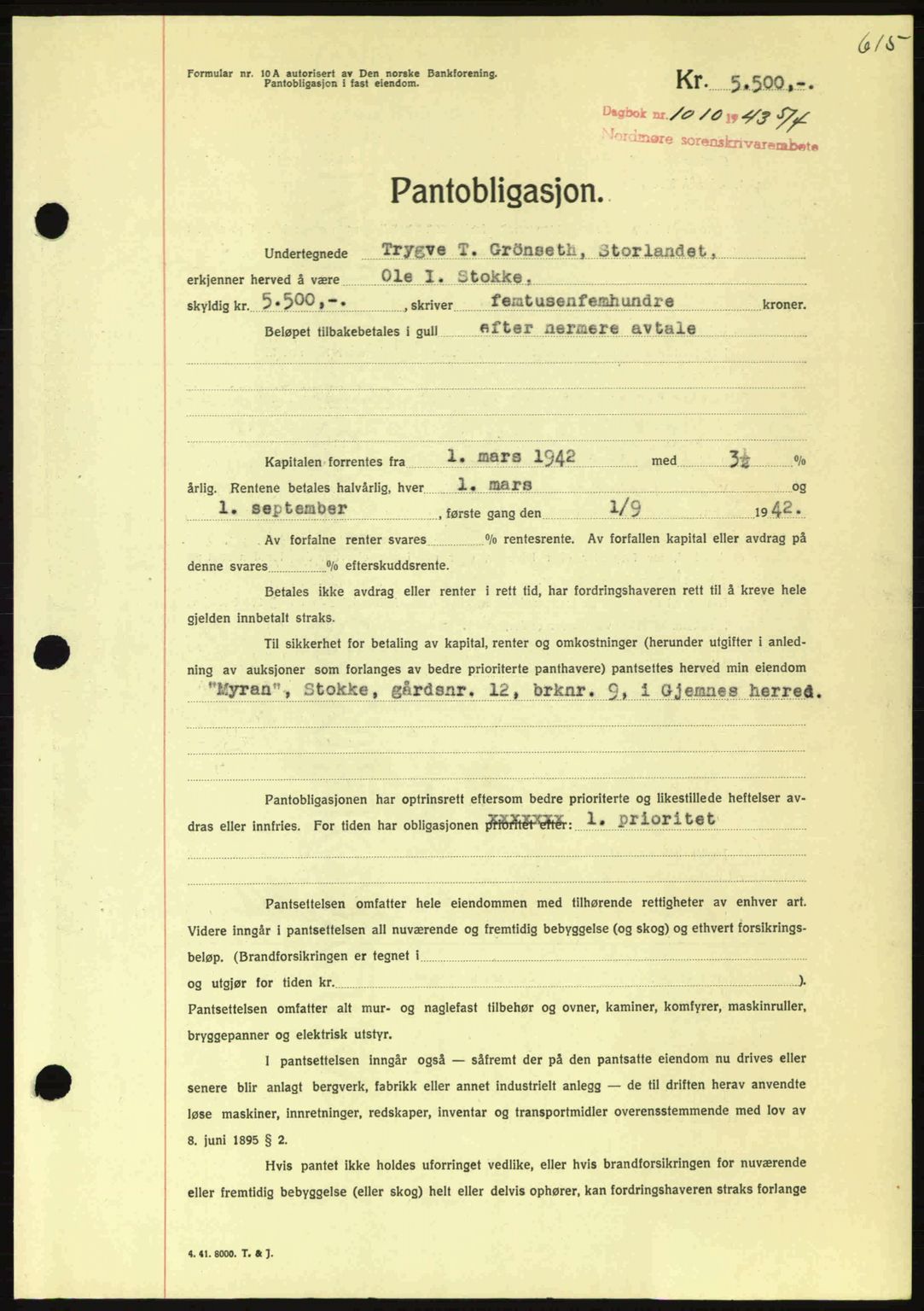 Nordmøre sorenskriveri, SAT/A-4132/1/2/2Ca: Pantebok nr. B90, 1942-1943, Dagboknr: 1010/1943