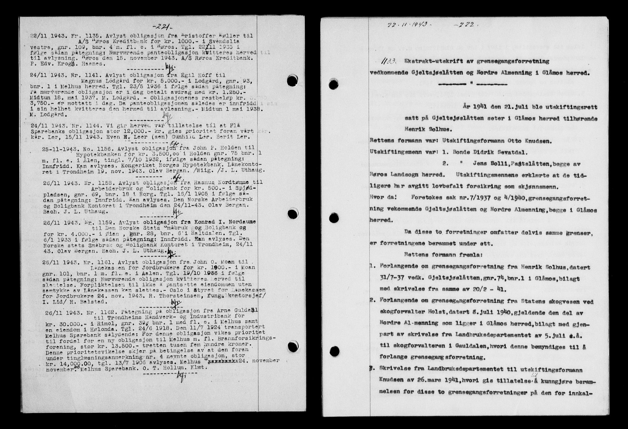 Gauldal sorenskriveri, SAT/A-0014/1/2/2C/L0057: Pantebok nr. 62, 1943-1944, Dagboknr: 1133/1943