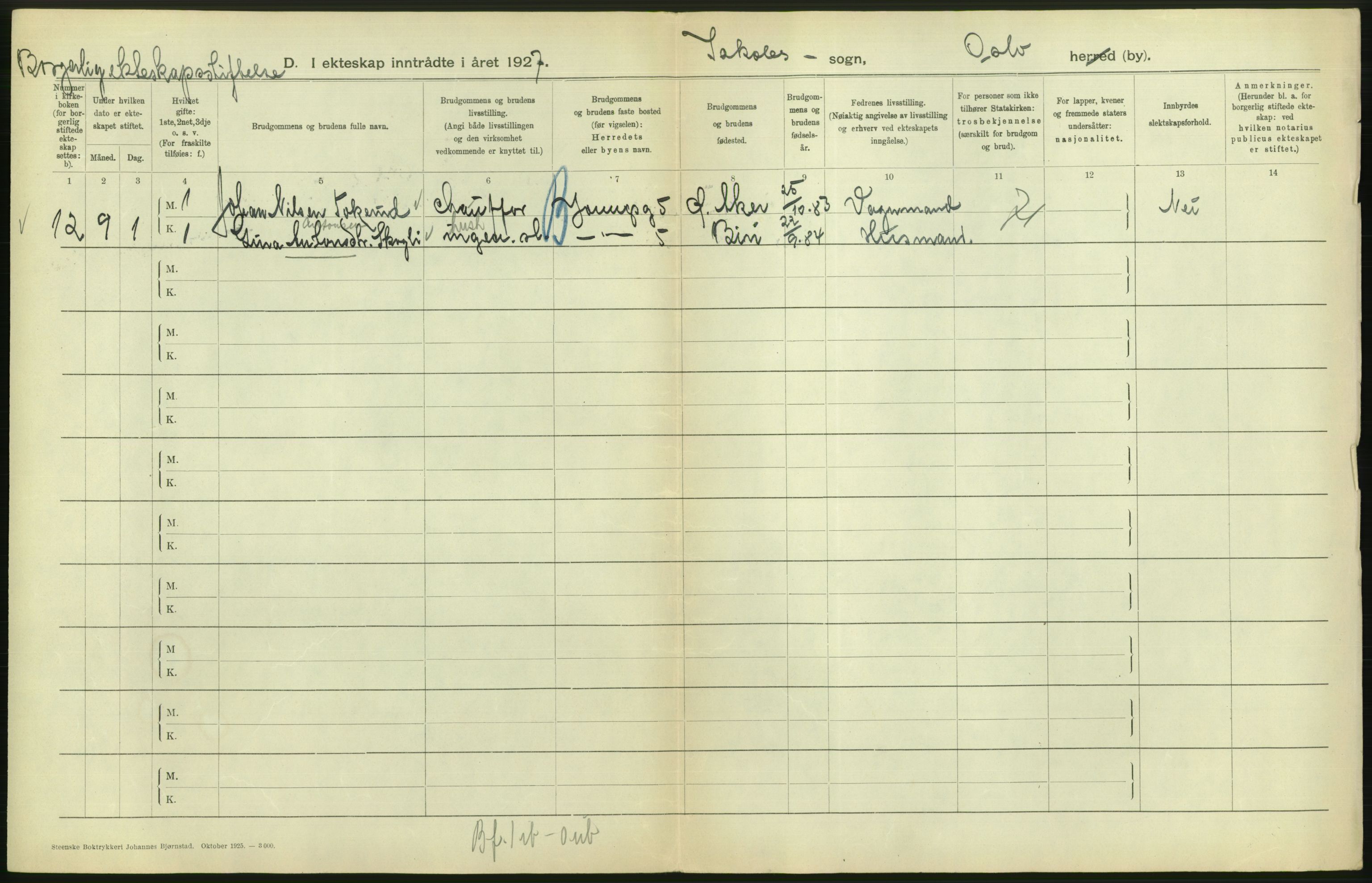 Statistisk sentralbyrå, Sosiodemografiske emner, Befolkning, AV/RA-S-2228/D/Df/Dfc/Dfcg/L0008: Oslo: Gifte, 1927, s. 436