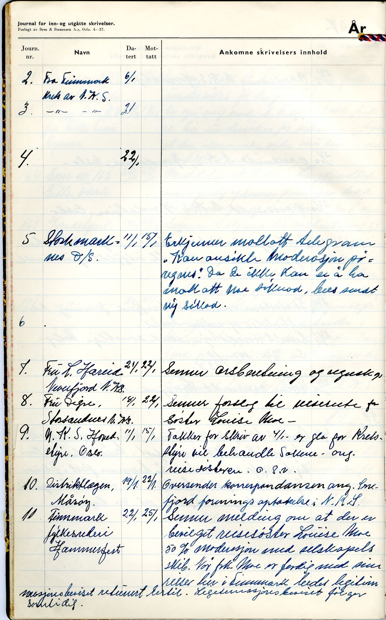 Norske Kvinners Sanitetsforening Finnmark , FMFB/A-1006/C/L0008: Journal for inn- og utgåtte brev, 1938-1944