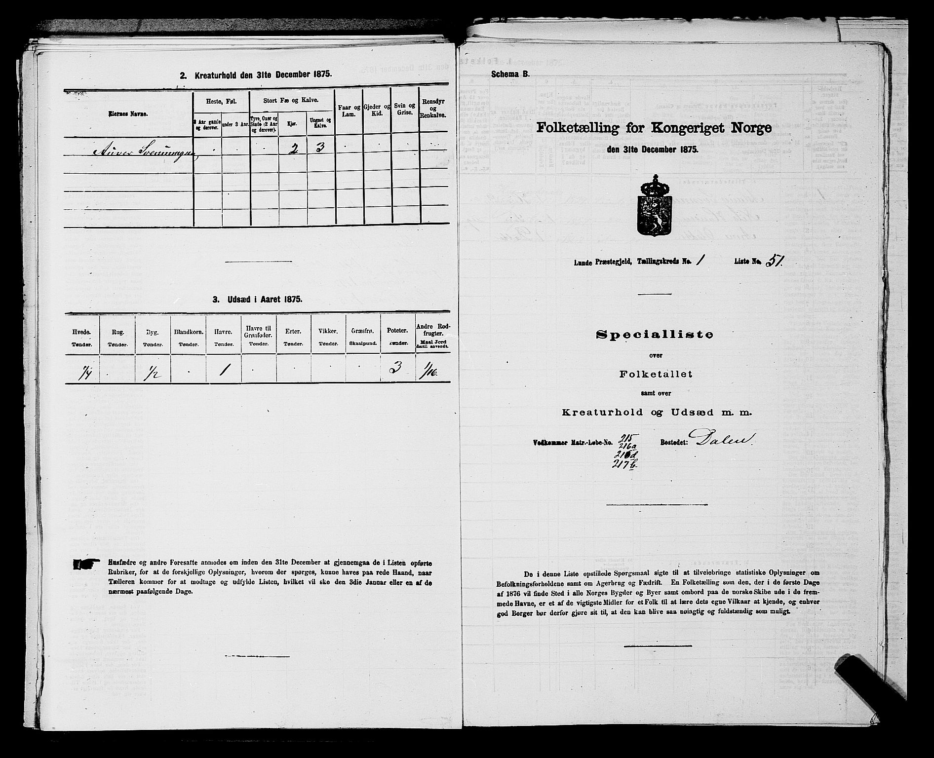 SAKO, Folketelling 1875 for 0820P Lunde prestegjeld, 1875, s. 143