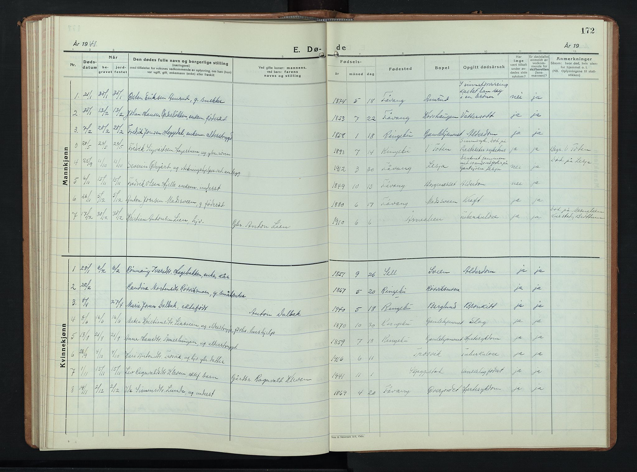 Ringebu prestekontor, SAH/PREST-082/H/Ha/Hab/L0012: Klokkerbok nr. 12, 1934-1949, s. 172