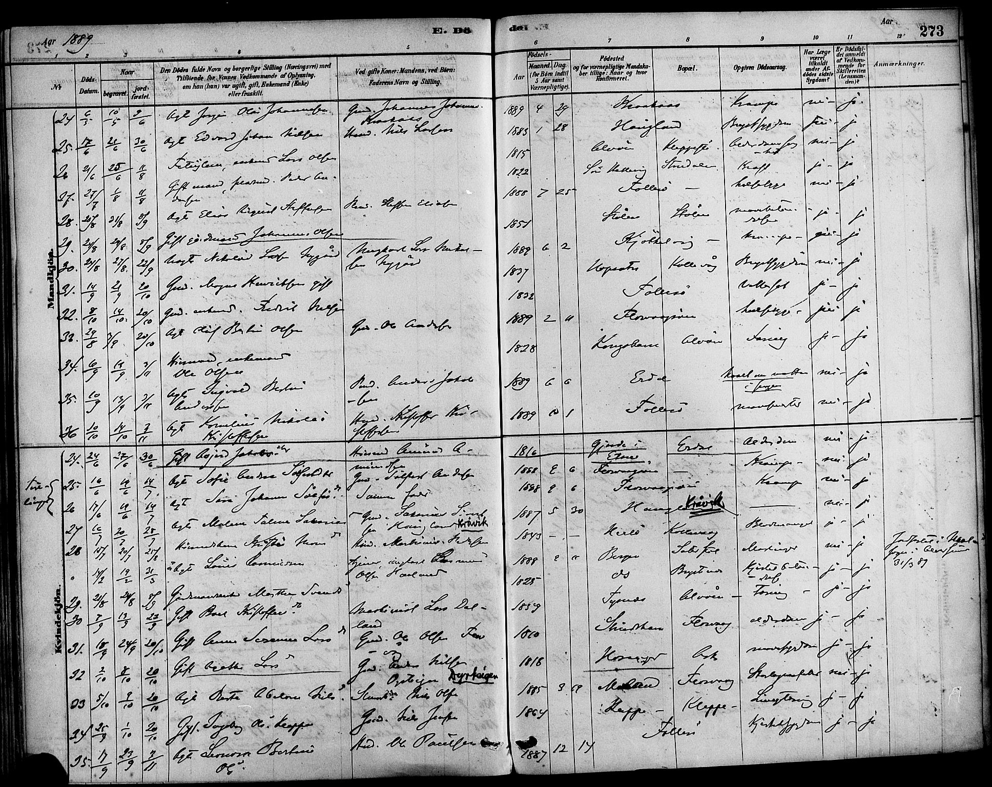 Askøy Sokneprestembete, AV/SAB-A-74101/H/Ha/Haa/Haab/L0001: Ministerialbok nr. B 1, 1878-1889, s. 273