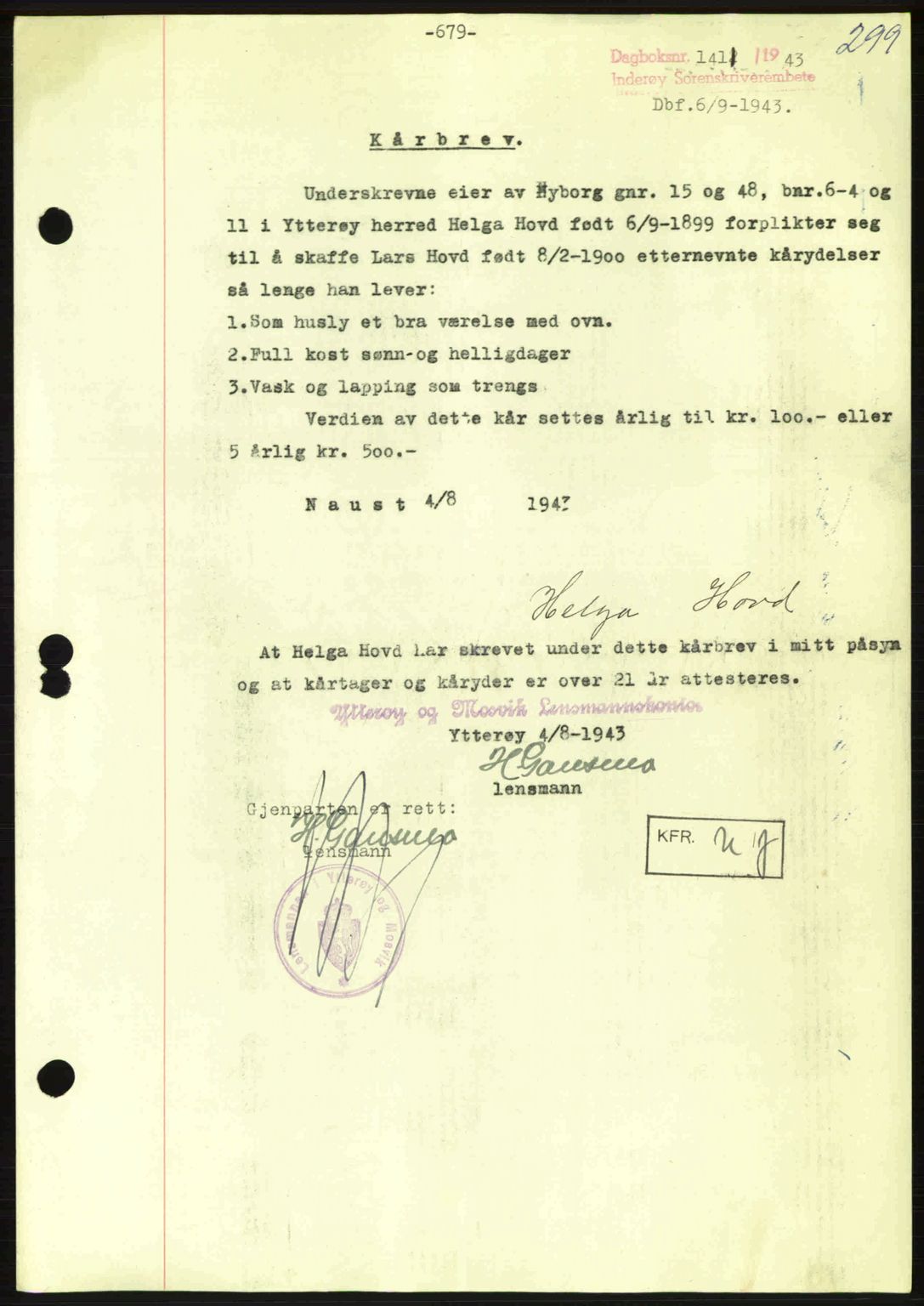 Inderøy sorenskriveri, SAT/A-4147/1/2/2C: Pantebok nr. Y1, 1936-1950, Dagboknr: 1411/1943