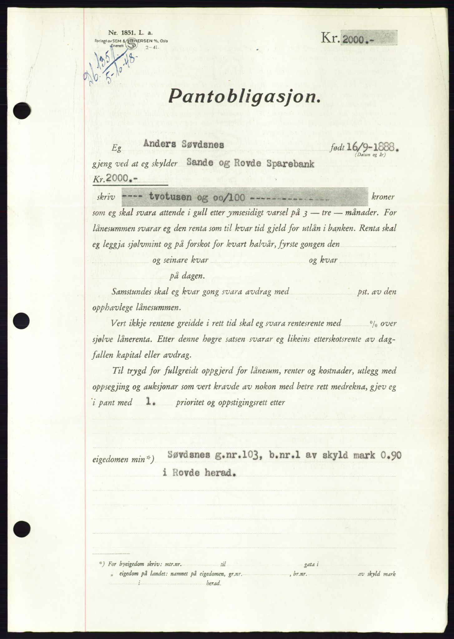 Søre Sunnmøre sorenskriveri, SAT/A-4122/1/2/2C/L0116: Pantebok nr. 4B, 1948-1949, Dagboknr: 1351/1948