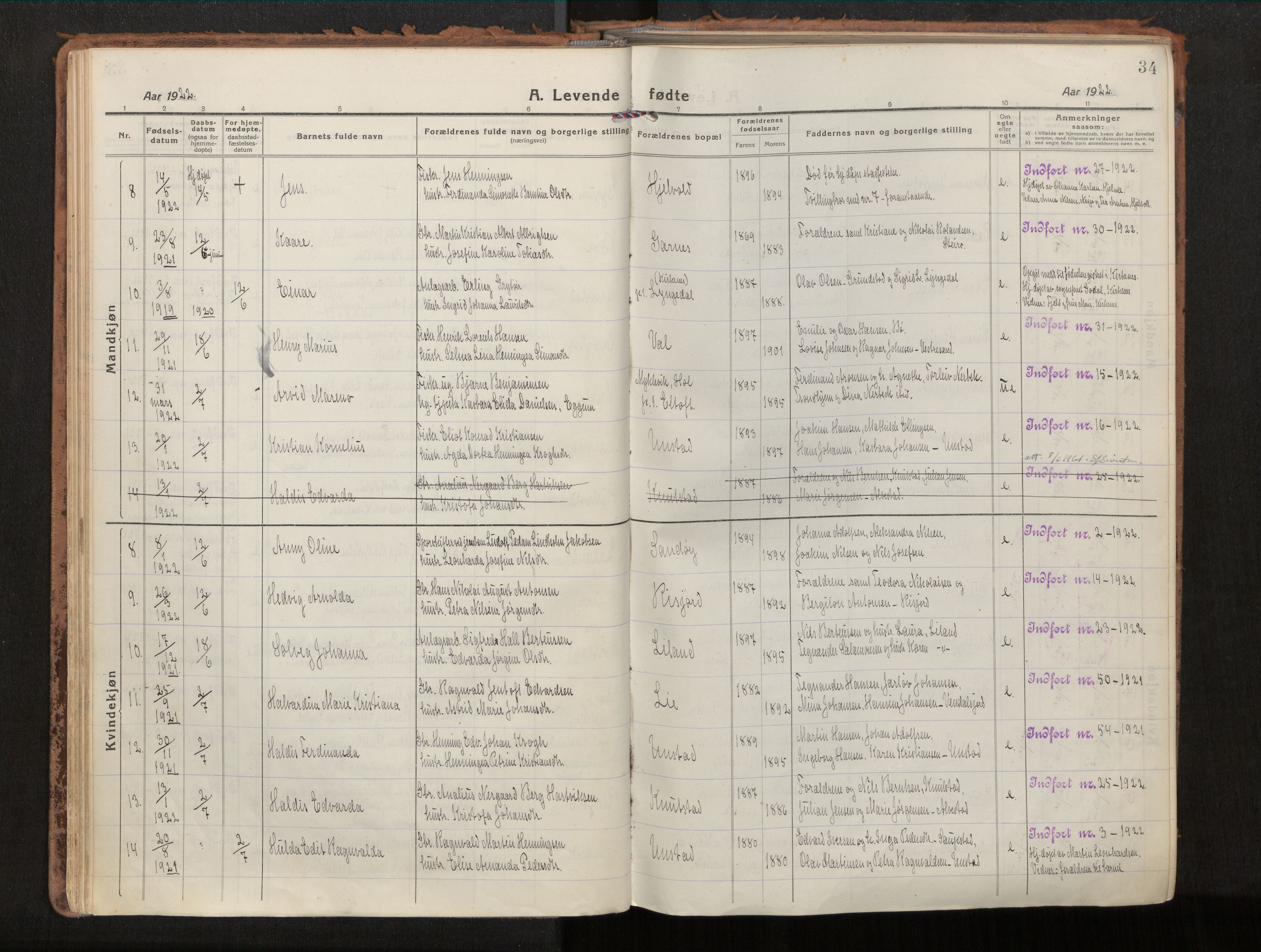 Ministerialprotokoller, klokkerbøker og fødselsregistre - Nordland, AV/SAT-A-1459/880/L1136: Ministerialbok nr. 880A10, 1919-1927, s. 34