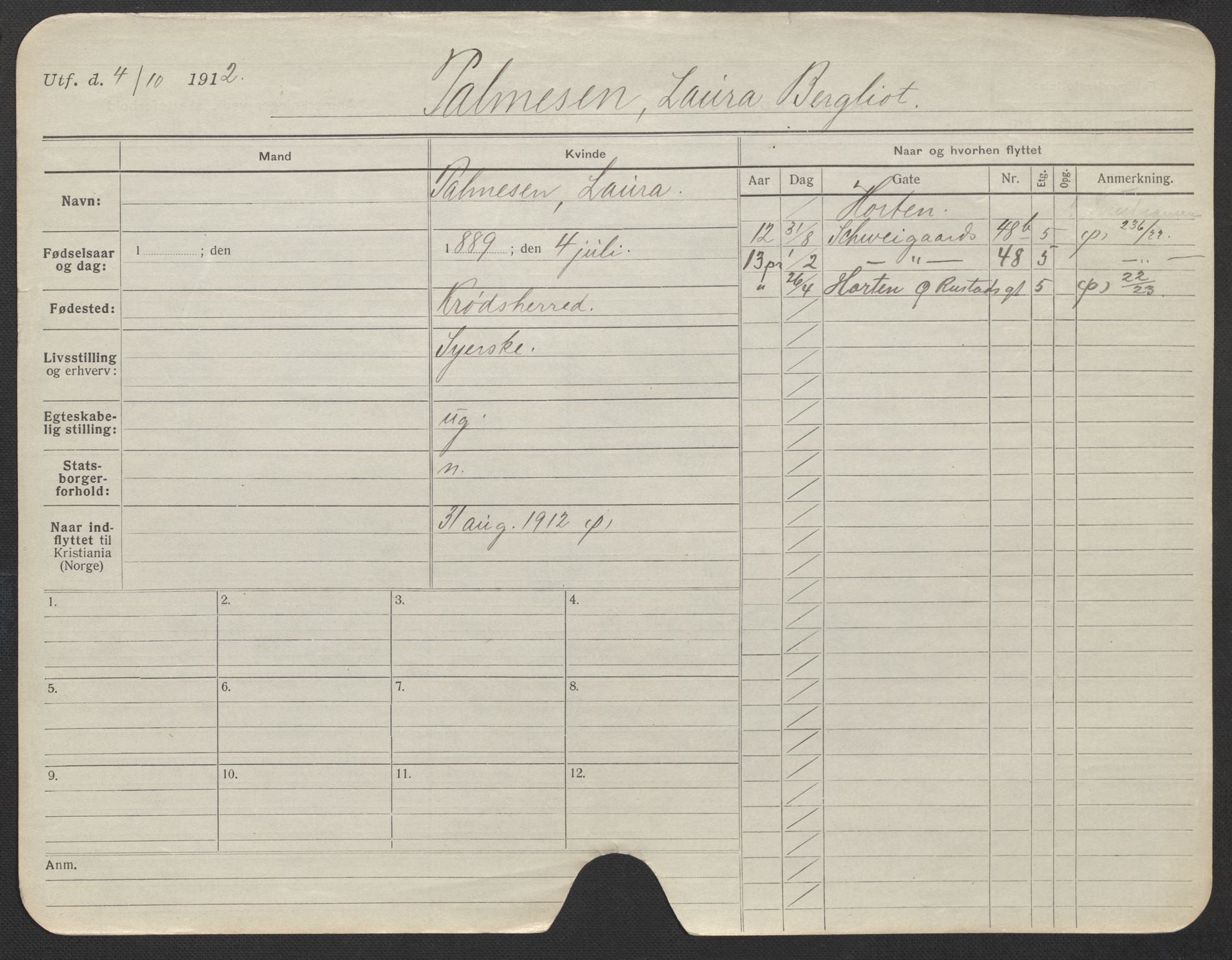 Oslo folkeregister, Registerkort, AV/SAO-A-11715/F/Fa/Fac/L0022: Kvinner, 1906-1914, s. 519a