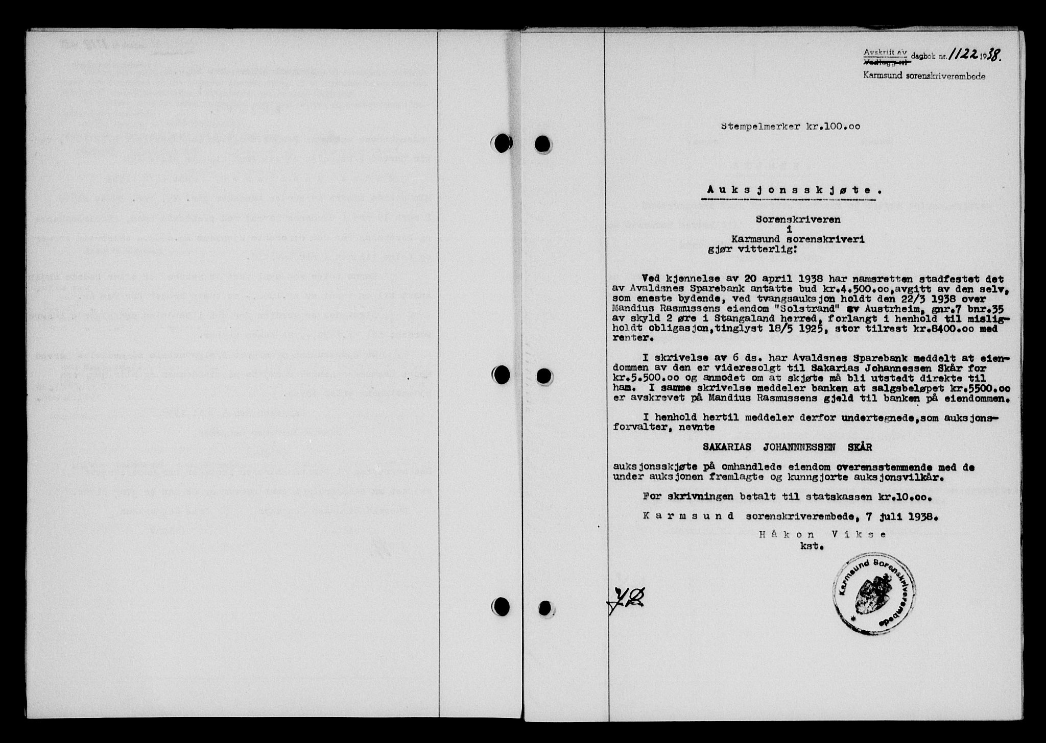 Karmsund sorenskriveri, SAST/A-100311/01/II/IIB/L0069: Pantebok nr. 50A, 1937-1938, Dagboknr: 1122/1938