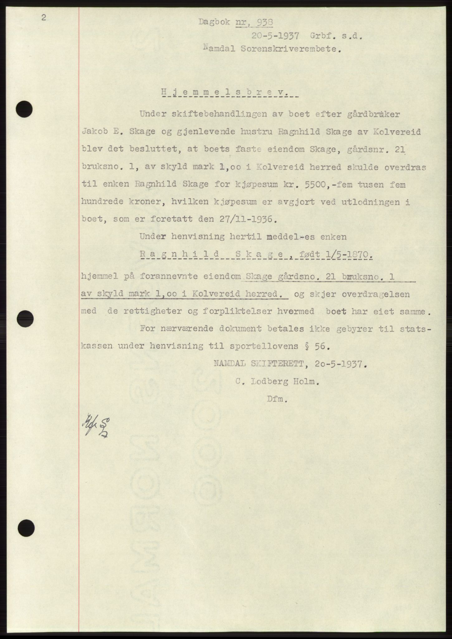 Namdal sorenskriveri, SAT/A-4133/1/2/2C: Pantebok nr. -, 1937-1939, Tingl.dato: 20.05.1937