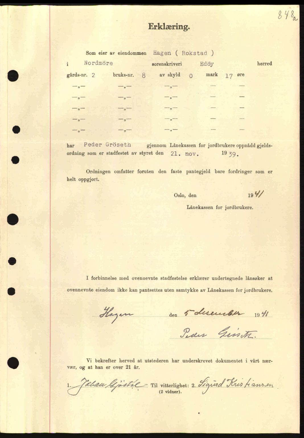 Nordmøre sorenskriveri, AV/SAT-A-4132/1/2/2Ca: Pantebok nr. B88, 1941-1942, Dagboknr: 122/1942