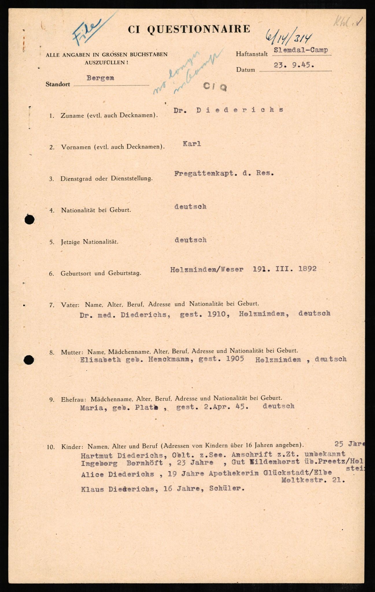 Forsvaret, Forsvarets overkommando II, AV/RA-RAFA-3915/D/Db/L0006: CI Questionaires. Tyske okkupasjonsstyrker i Norge. Tyskere., 1945-1946, s. 24