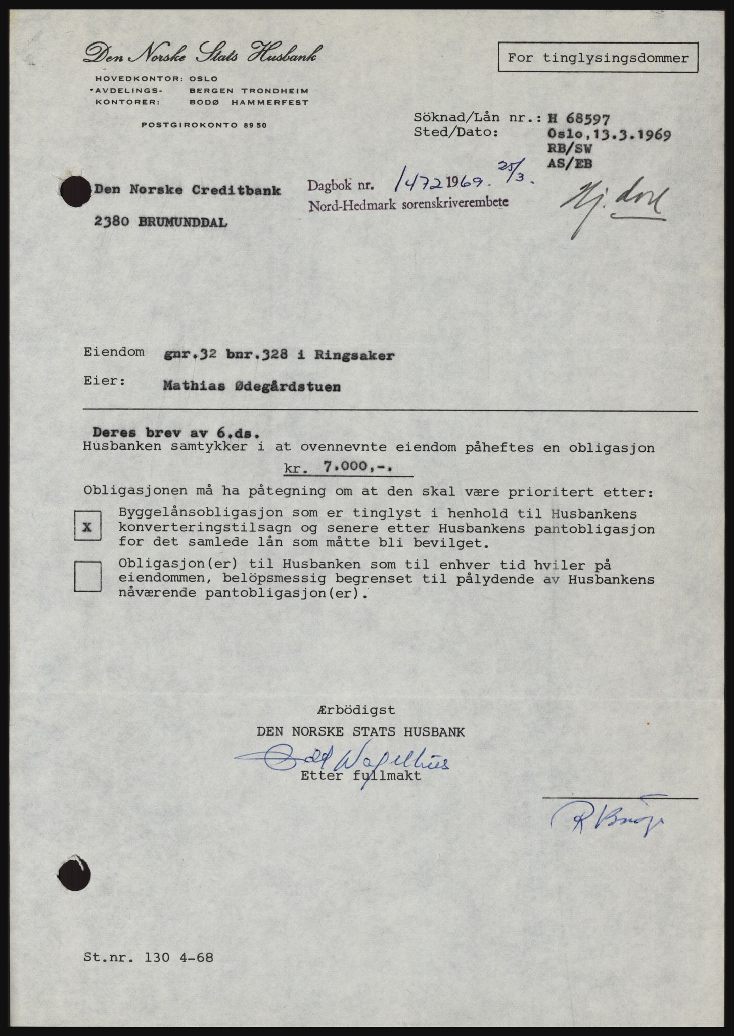 Nord-Hedmark sorenskriveri, SAH/TING-012/H/Hc/L0030: Pantebok nr. 30, 1969-1969, Dagboknr: 1472/1969