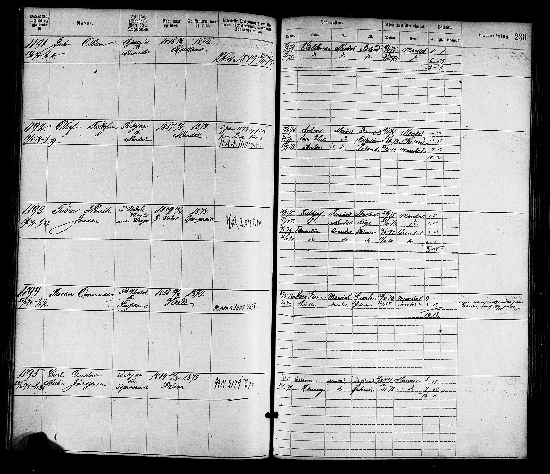 Mandal mønstringskrets, SAK/2031-0016/F/Fa/L0001: Annotasjonsrulle nr 1-1920 med register, L-3, 1869-1881, s. 274