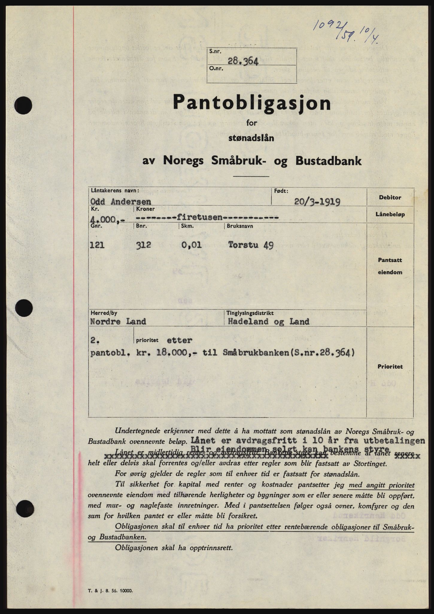 Hadeland og Land tingrett, SAH/TING-010/H/Hb/Hbc/L0040: Pantebok nr. B40, 1959-1959, Dagboknr: 1092/1959