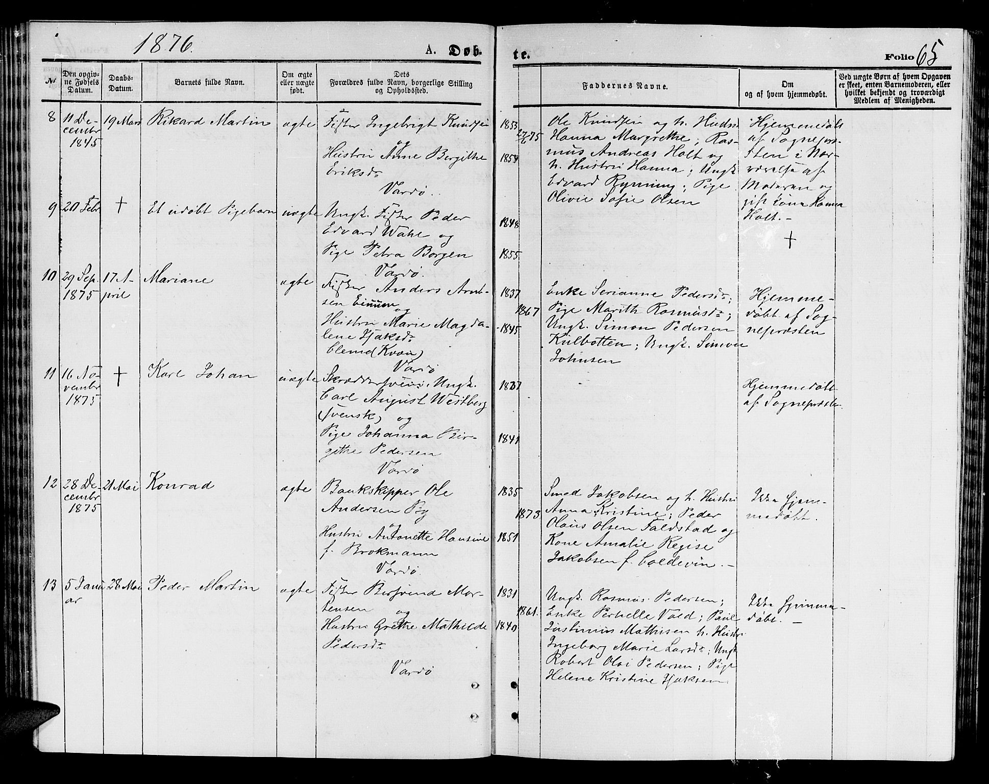 Vardø sokneprestkontor, AV/SATØ-S-1332/H/Hb/L0003klokker: Klokkerbok nr. 3, 1871-1878, s. 65